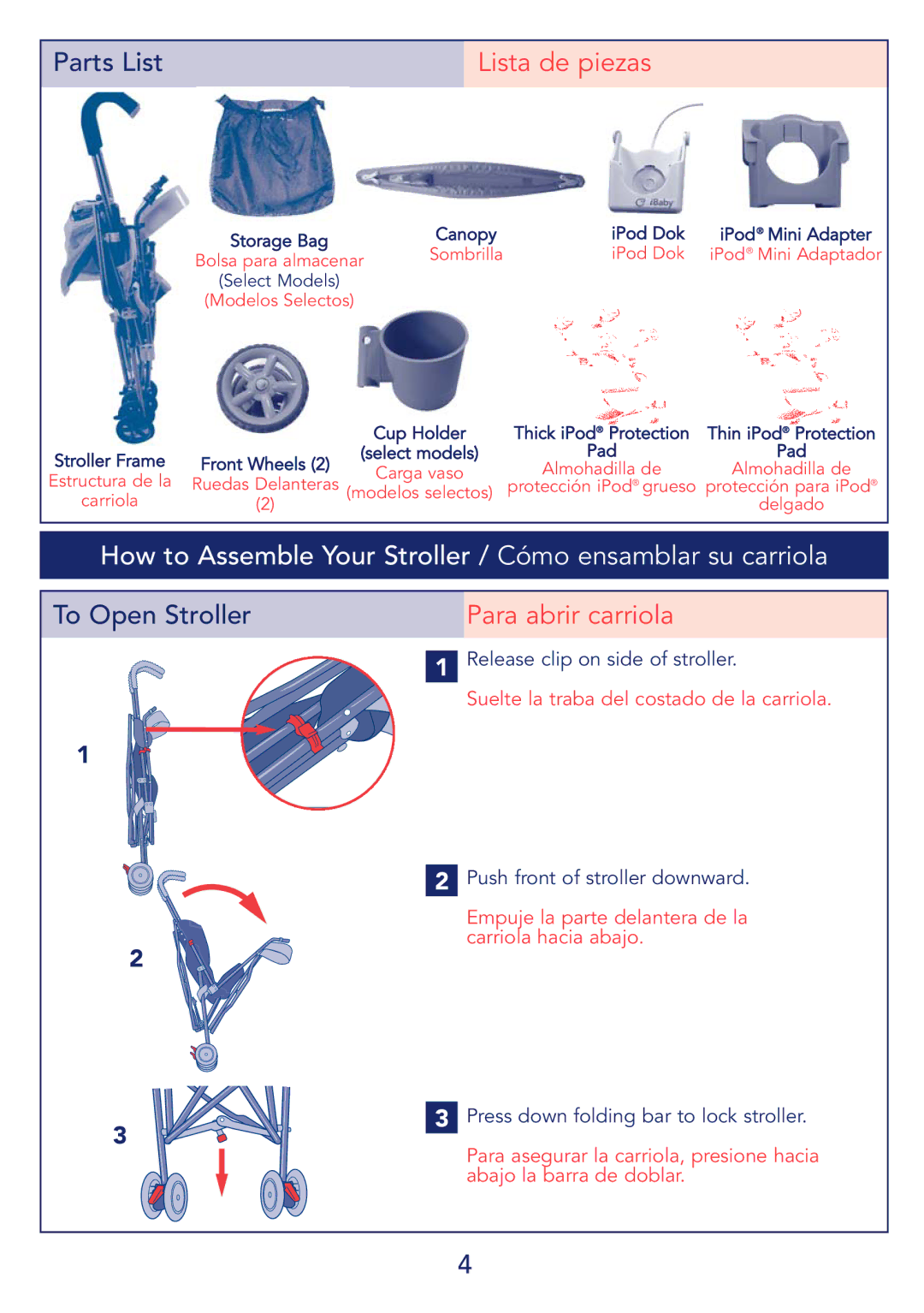 Kolcraft S64-R2 instruction sheet Lista de piezas, How to Assemble Your Stroller / Cómo ensamblar su carriola 