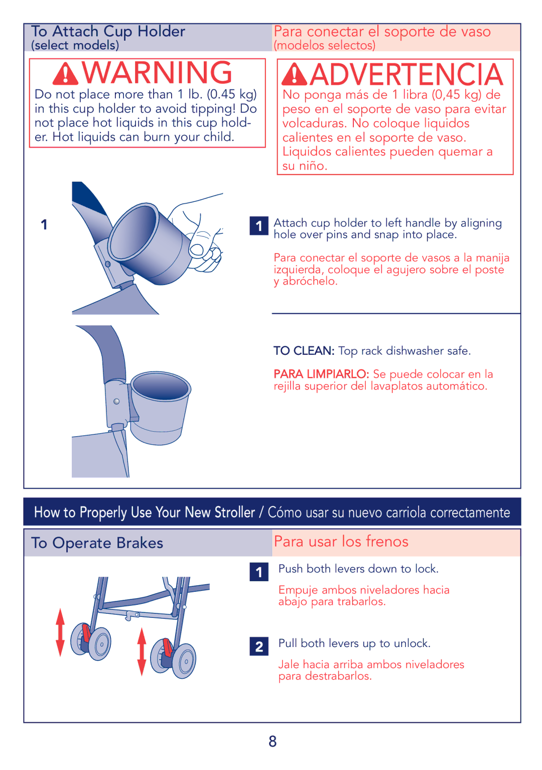 Kolcraft S64-R2 instruction sheet Para conectar el soporte de vaso, Para usar los frenos 