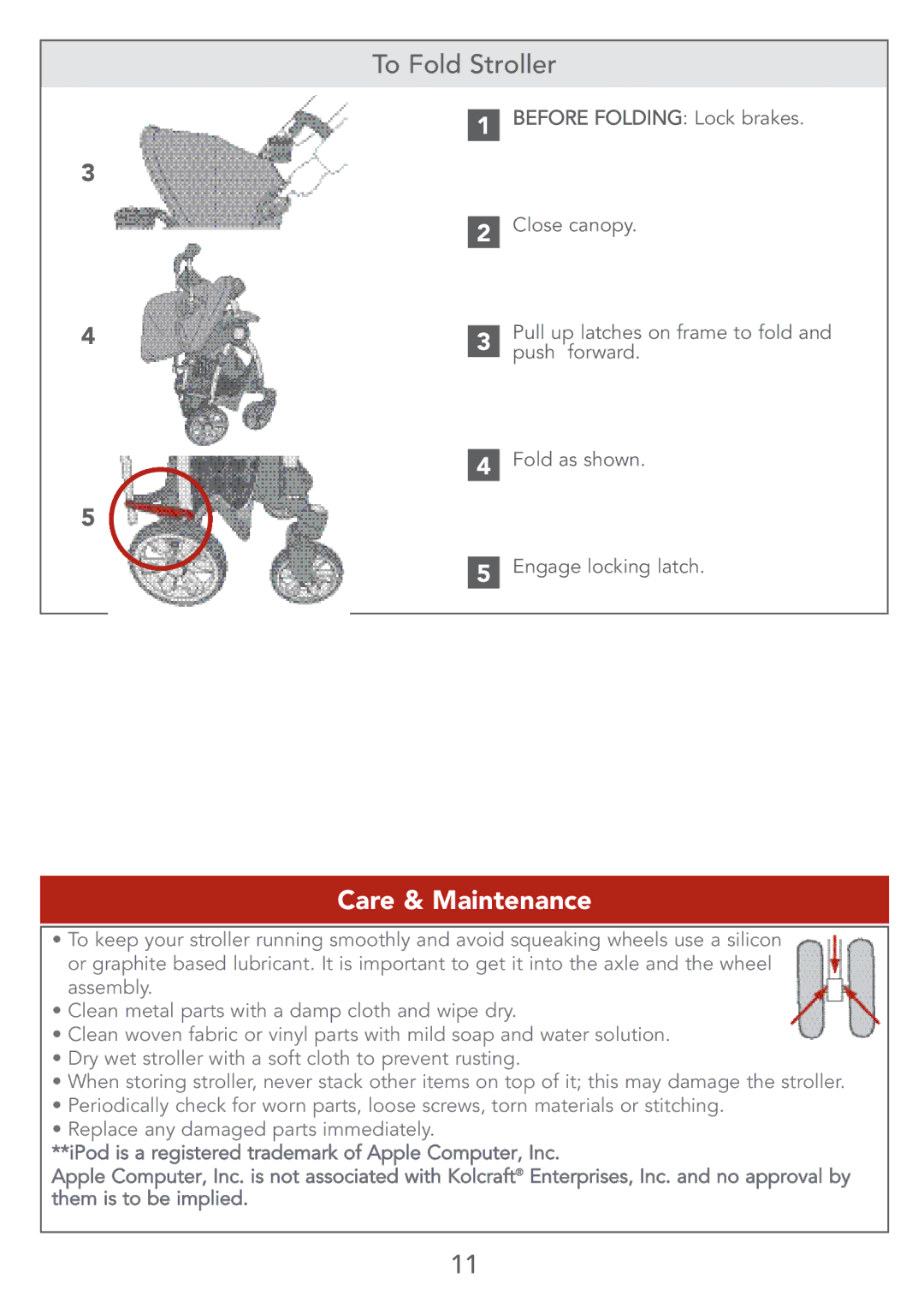 Kolcraft S67-T 4/07 instruction sheet To Fold Stroller, Care & Maintenance 