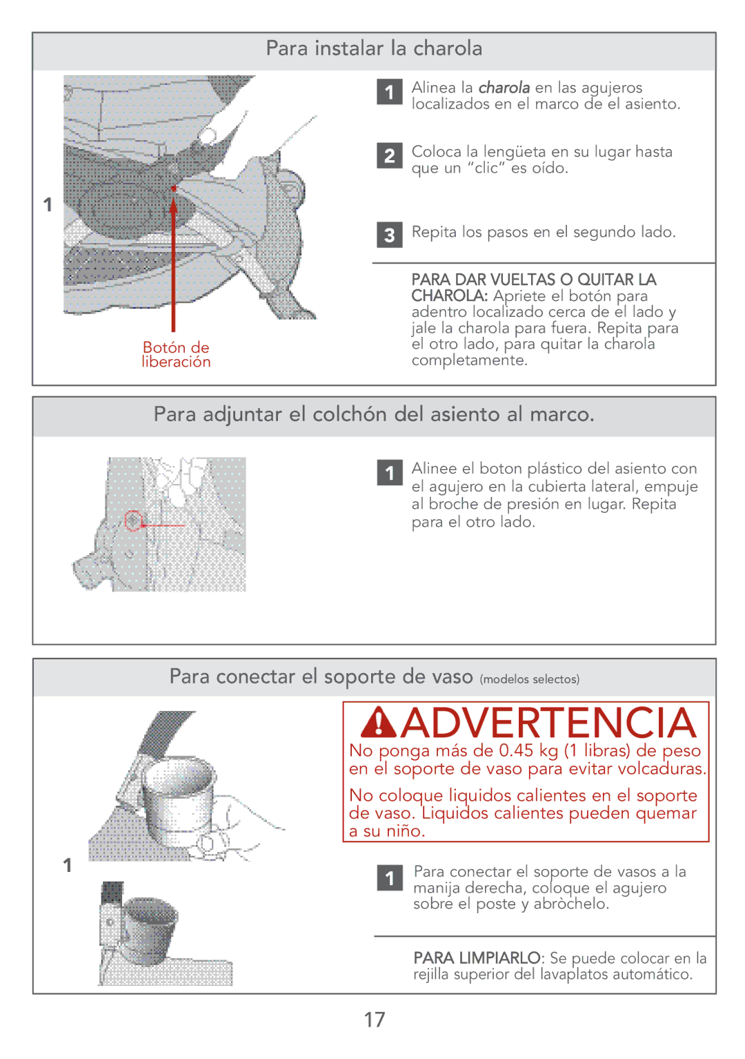 Kolcraft S67-T 4/07 Para instalar la charola, Para adjuntar el colchón del asiento al marco, Botón de liberación 