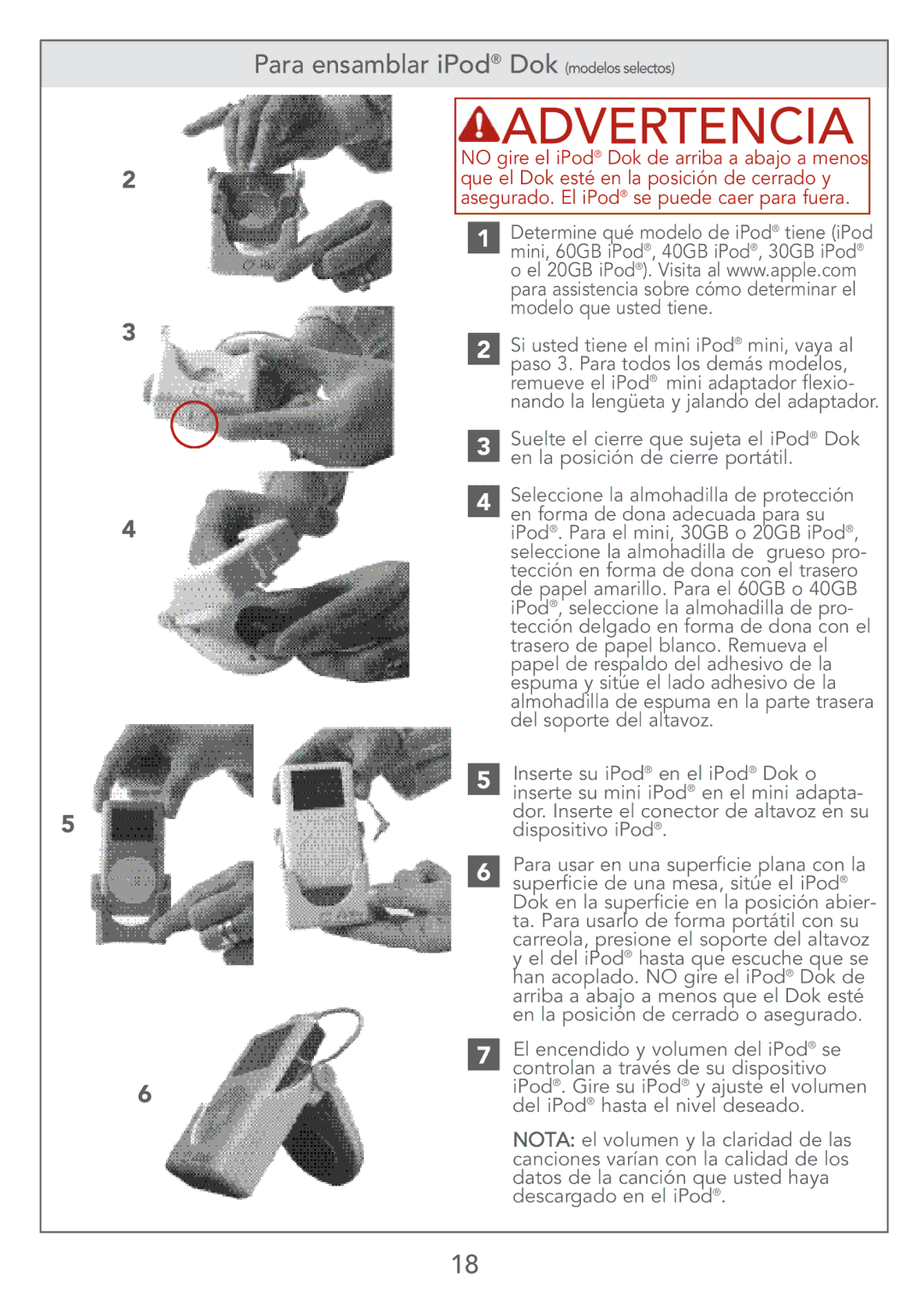 Kolcraft S67-T 4/07 instruction sheet Para ensamblar iPod Dok modelos selectos 