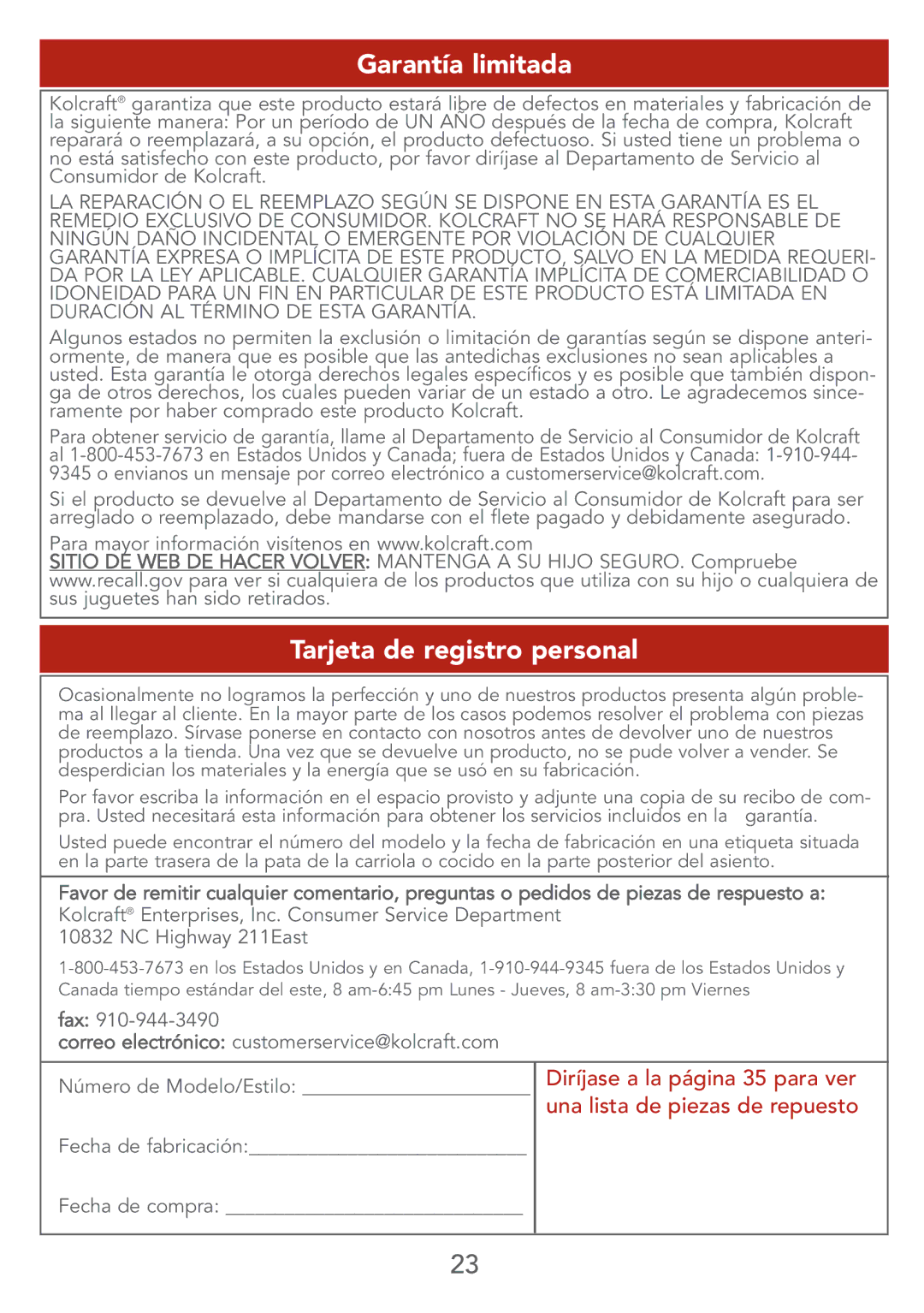 Kolcraft S67-T 4/07 instruction sheet Garantía limitada, Tarjeta de registro personal 