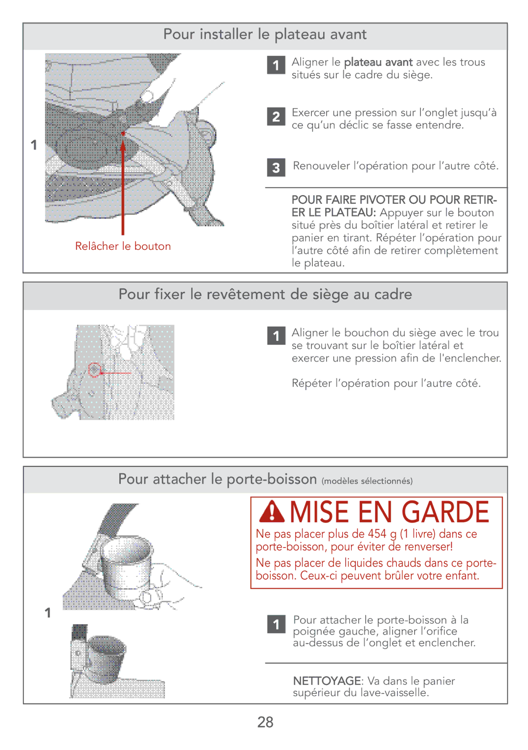 Kolcraft S67-T 4/07 Pour installer le plateau avant, Pour fixer le revêtement de siège au cadre, Relâcher le bouton 