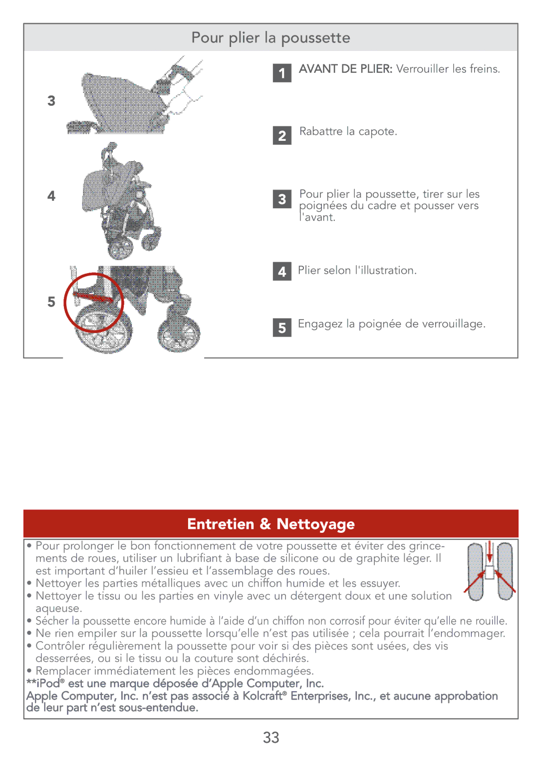 Kolcraft S67-T 4/07 instruction sheet Pour plier la poussette, Entretien & Nettoyage 