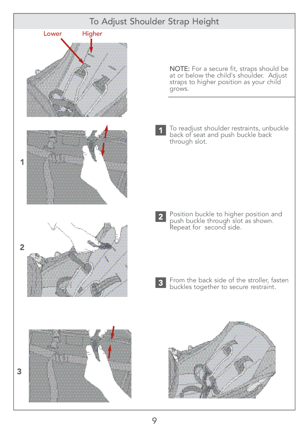 Kolcraft S67-T 4/07 instruction sheet To Adjust Shoulder Strap Height, Lower Higher 