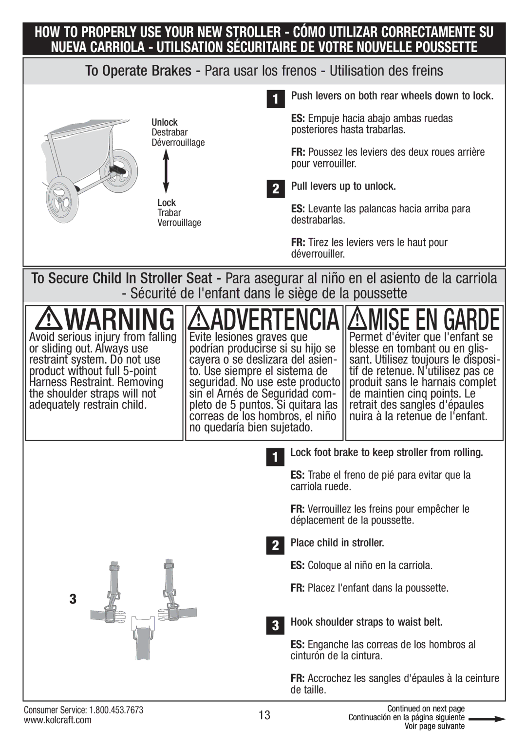 Kolcraft S67-T-R1 instruction sheet Sécurité de lenfant dans le siège de la poussette, Unlock Destrabar Déverrouillage Lock 