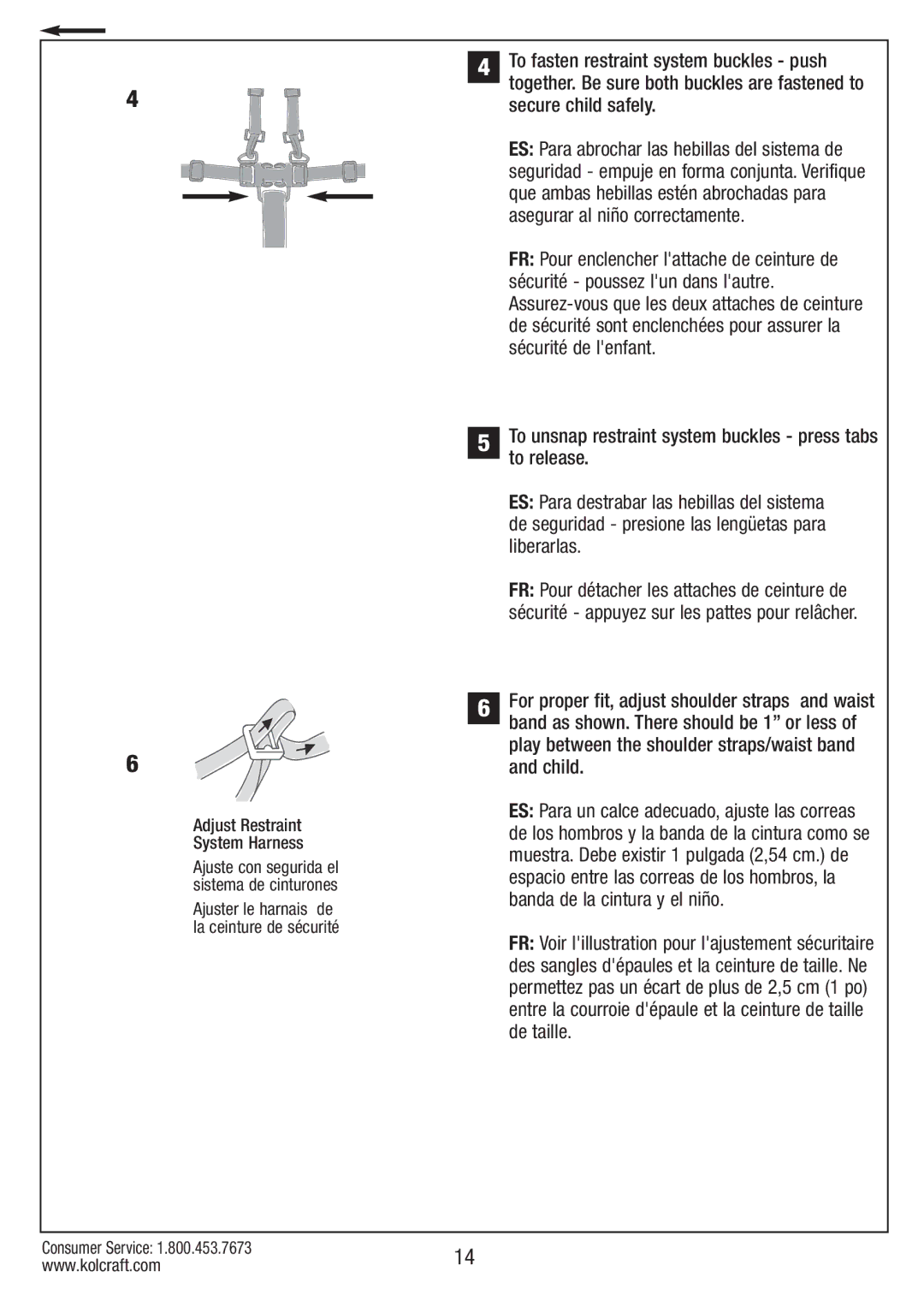 Kolcraft S67-T-R1 instruction sheet Adjust Restraint System Harness 