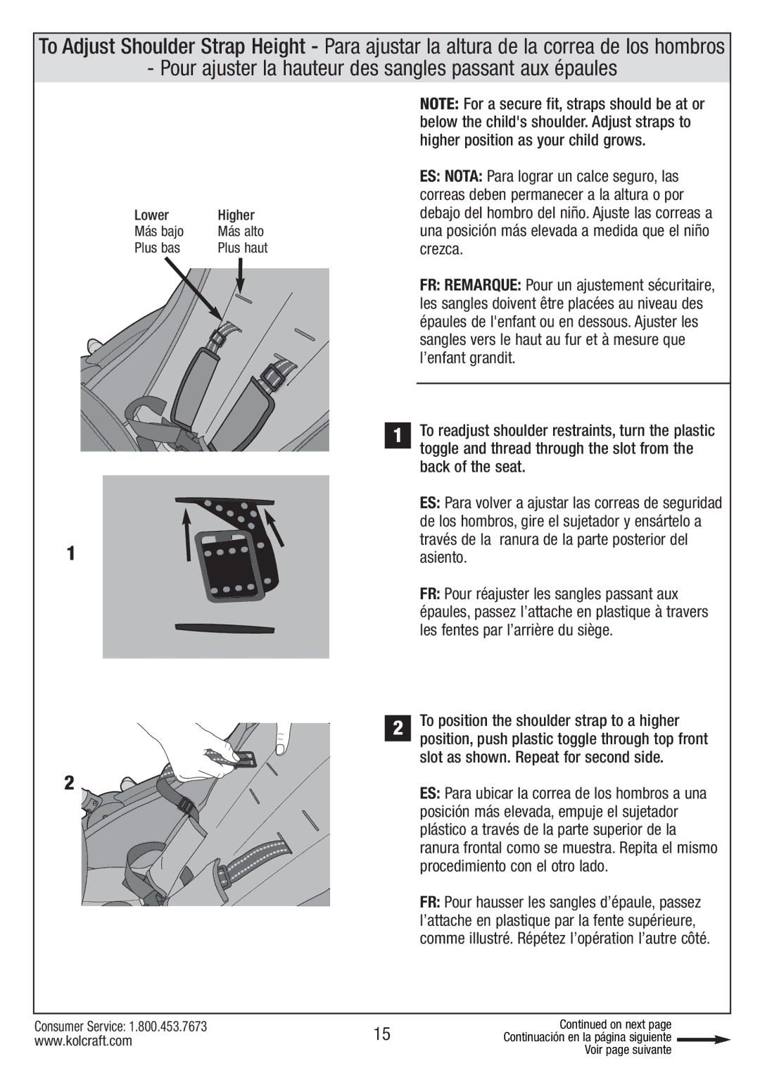 Kolcraft S67-T-R1 instruction sheet Pour ajuster la hauteur des sangles passant aux épaules 