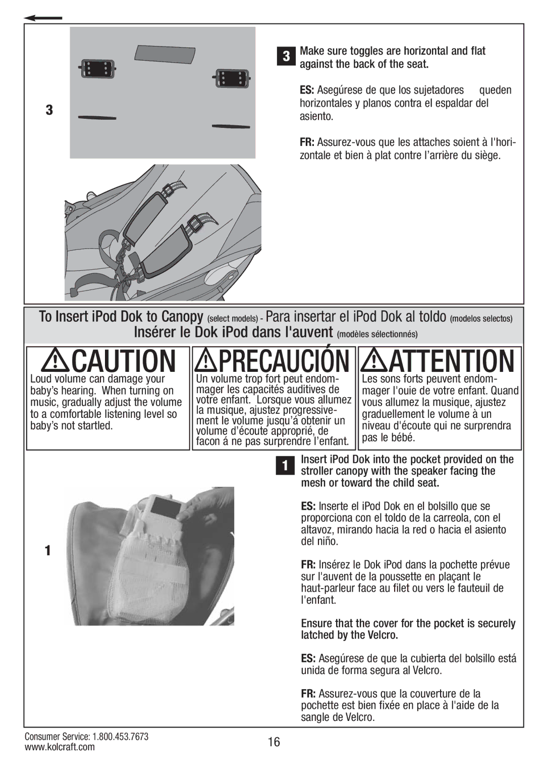 Kolcraft S67-T-R1 instruction sheet Against the back of the seat, Asiento, Horizontales y planos contra el espaldar del 