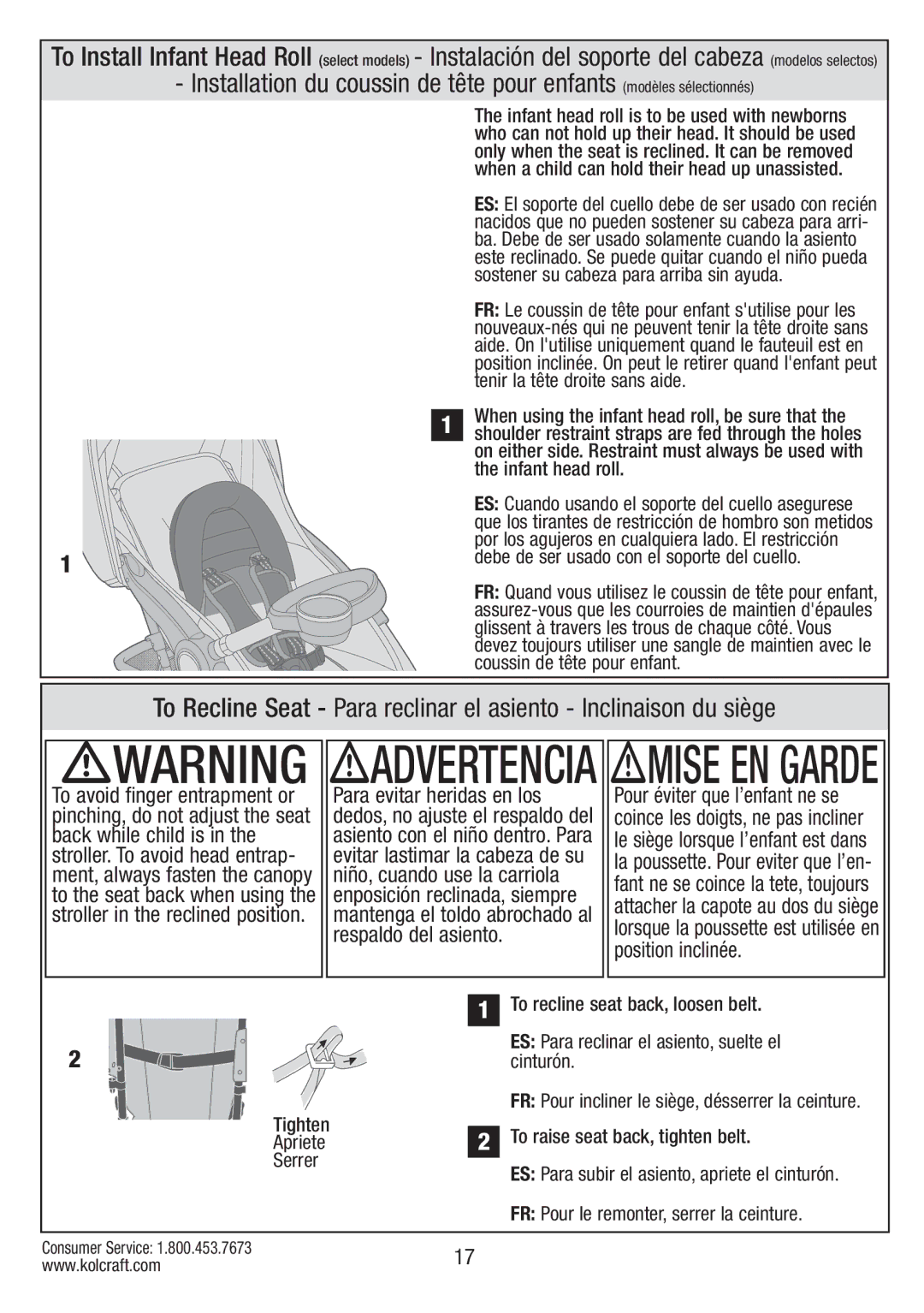 Kolcraft S67-T-R1 instruction sheet Infant head roll, Pour éviter que l’enfant ne se, Evitar lastimar la cabeza de su 