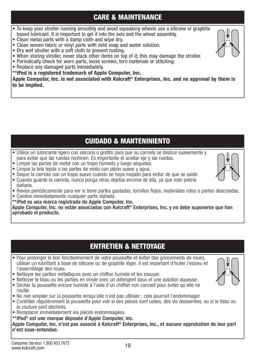 Kolcraft S67-T-R1 instruction sheet Care & Maintenance, Cuidado & Manteniniento, Entretien & Nettoyage 