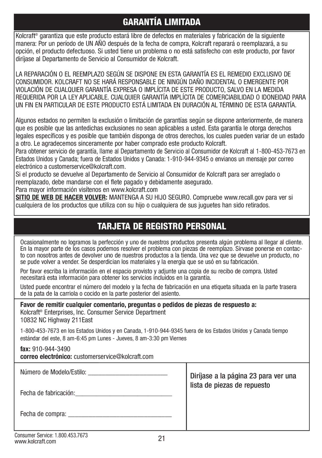 Kolcraft S67-T-R1 Garantía Limitada, Tarjeta DE Registro Personal, Fax Correo electrónico customerservice@kolcraft.com 