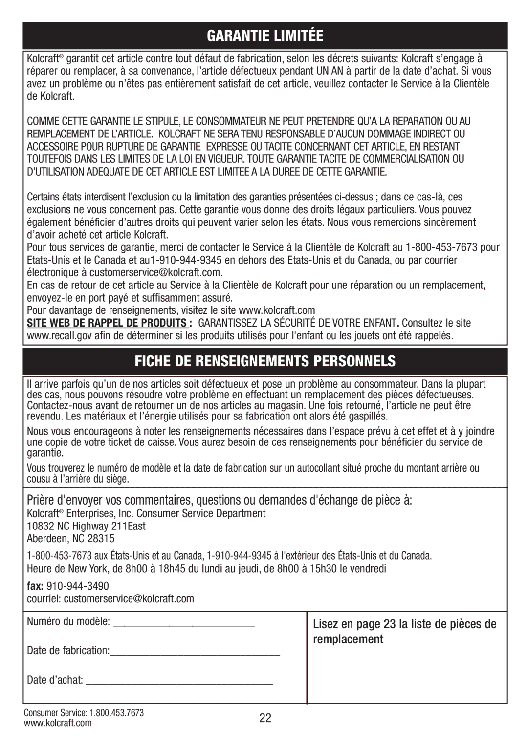 Kolcraft S67-T-R1 instruction sheet Garantie Limitée, Fiche DE Renseignements Personnels, Date d’achat, Date de fabrication 