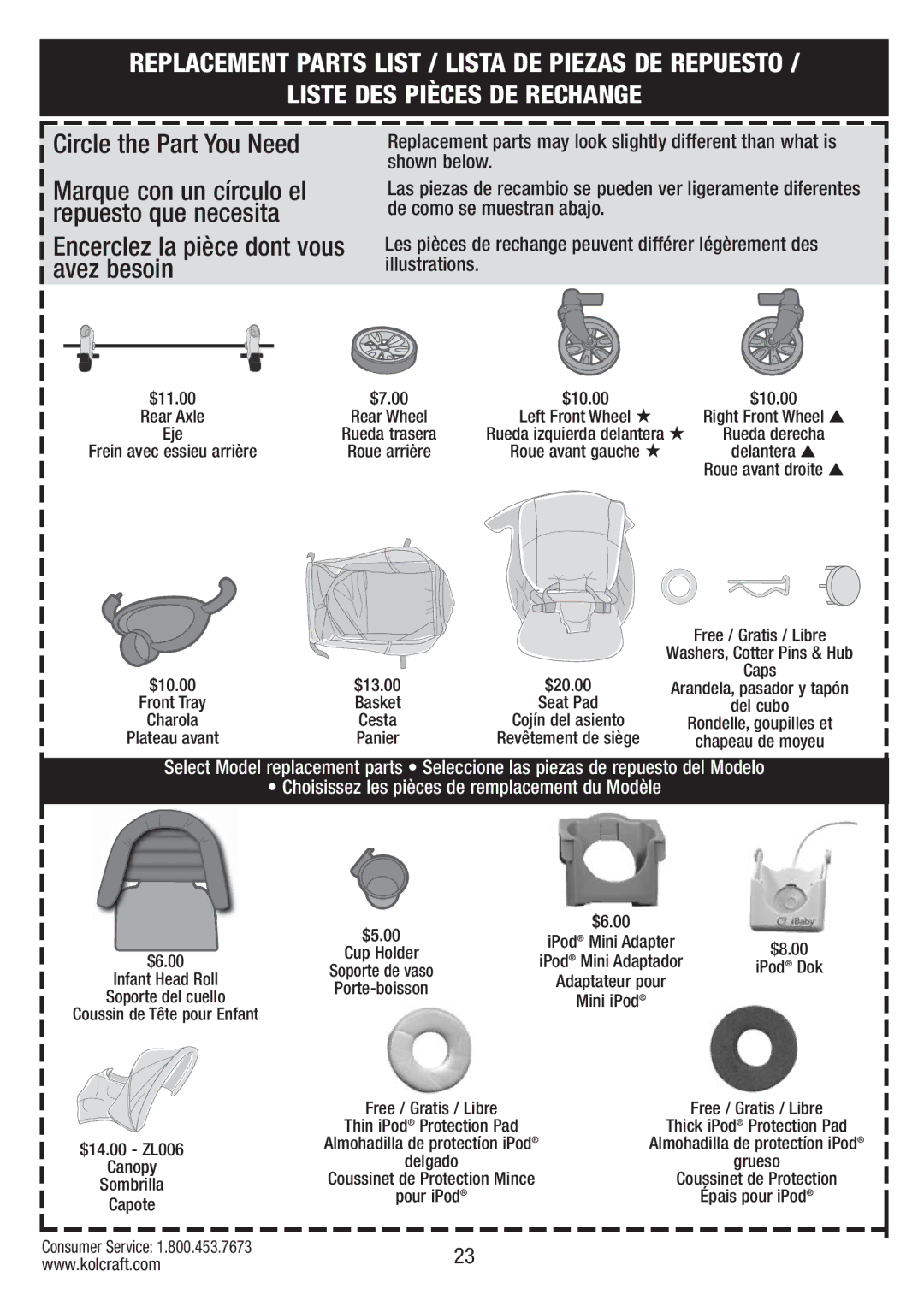 Kolcraft S67-T-R1 instruction sheet Liste DES Pièces DE Rechange 