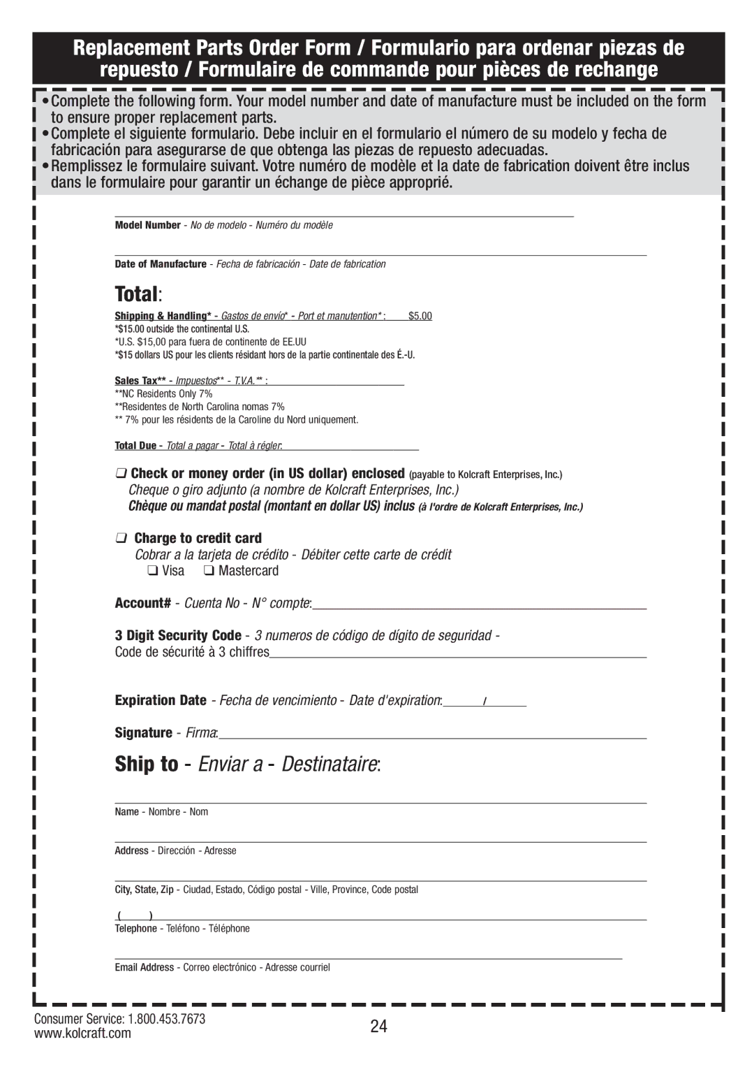 Kolcraft S67-T-R1 instruction sheet Total, Charge to credit card, Visa Mastercard, Signature Firma 