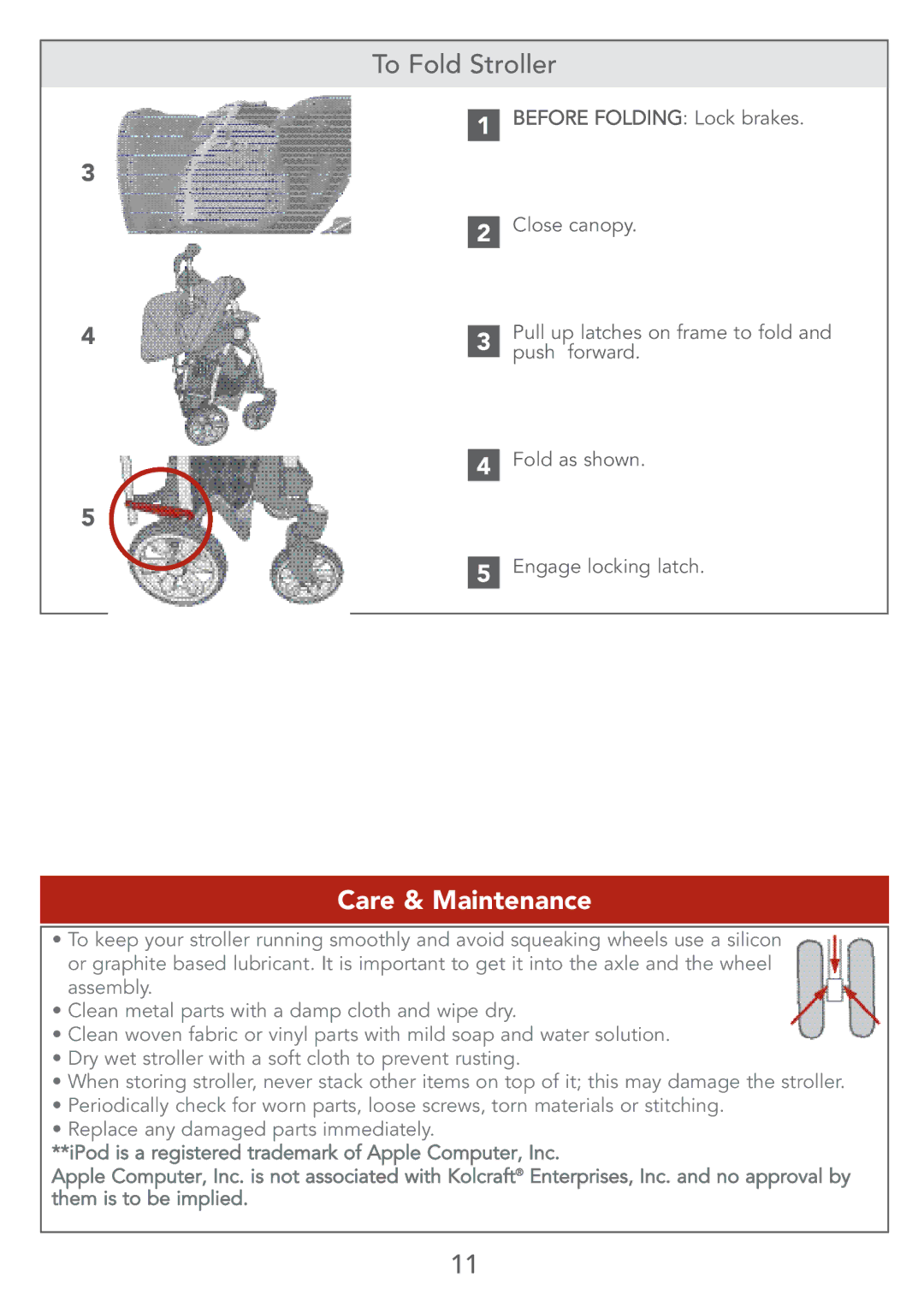 Kolcraft S67-T instruction sheet To Fold Stroller, Care & Maintenance 