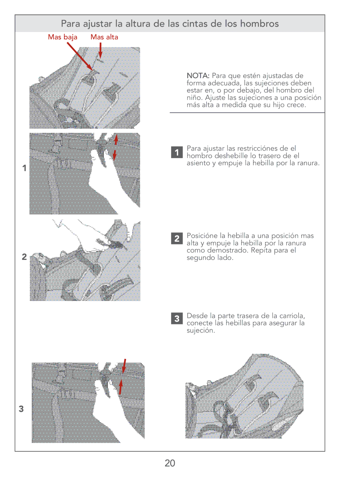 Kolcraft S67-T instruction sheet Para ajustar la altura de las cintas de los hombros, Mas baja Mas alta 