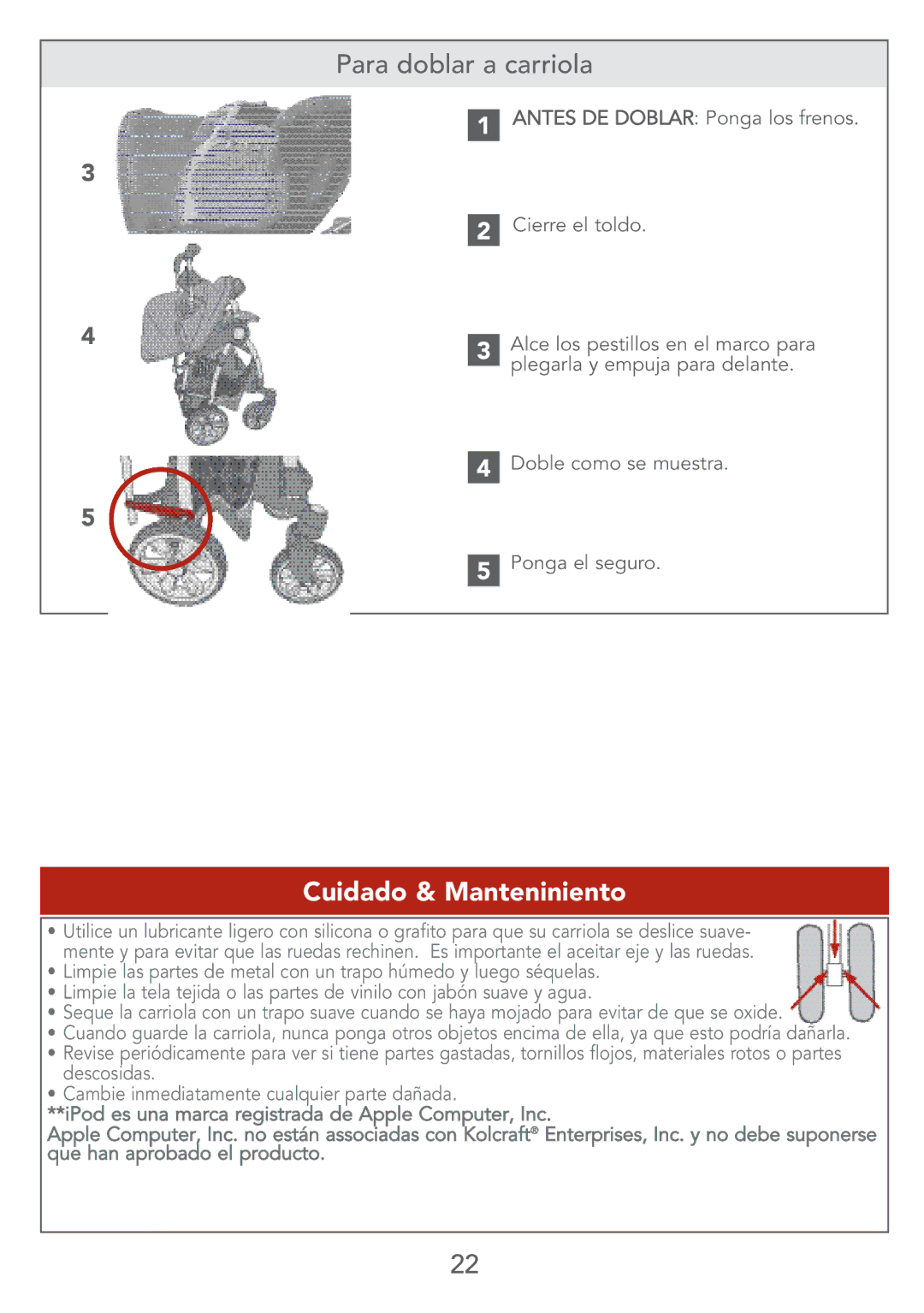 Kolcraft S67-T instruction sheet Para doblar a carriola, Cuidado & Manteniniento 