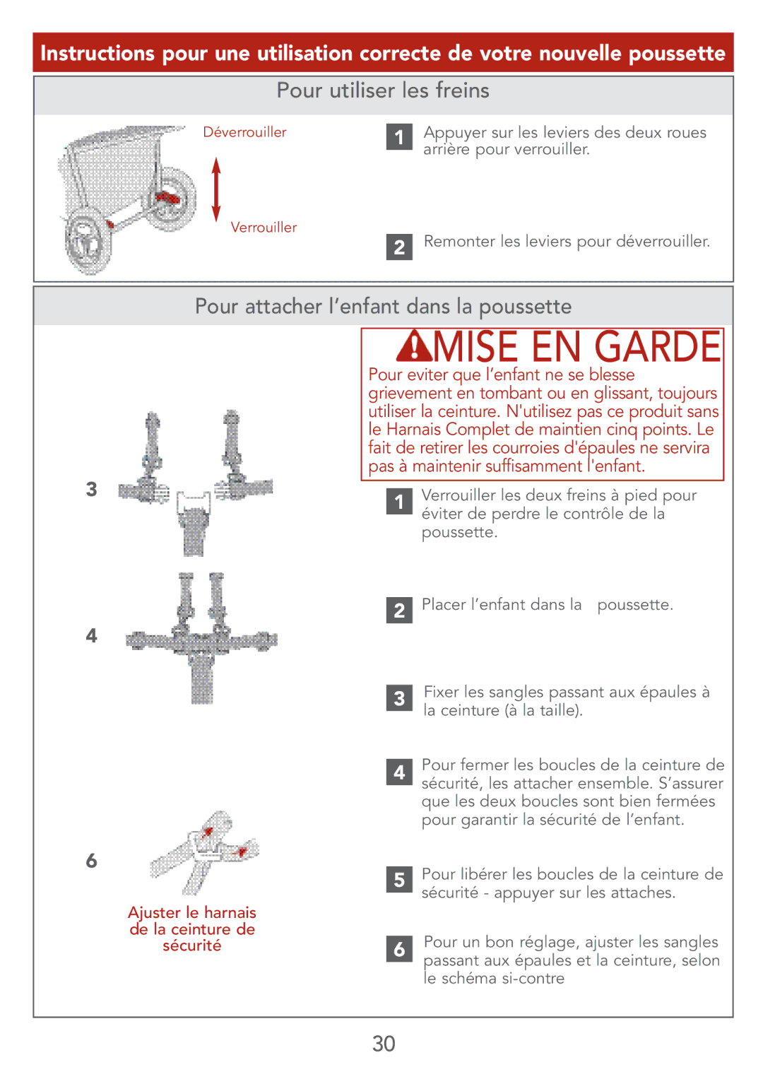 Kolcraft S67-T instruction sheet Pour utiliser les freins, Pour attacher l’enfant dans la poussette 