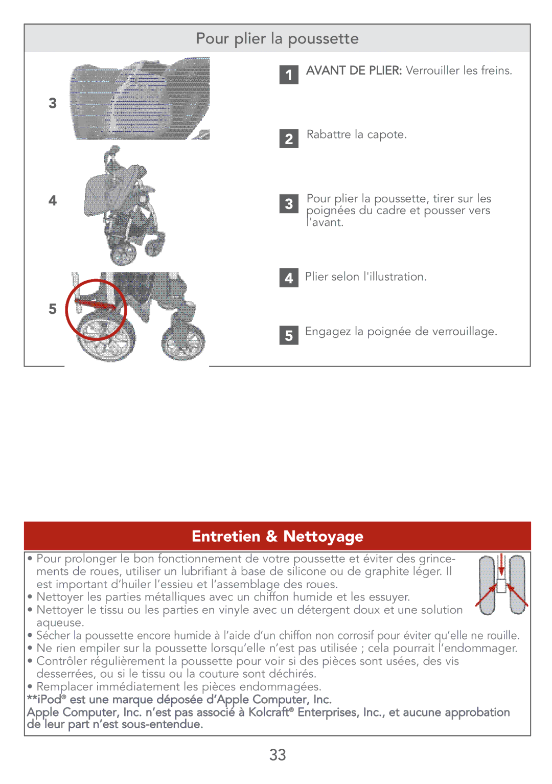 Kolcraft S67-T instruction sheet Pour plier la poussette, Entretien & Nettoyage 