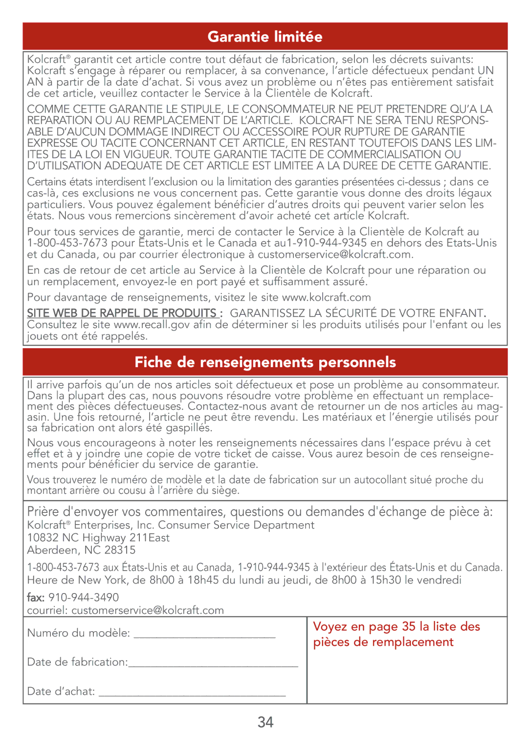 Kolcraft S67-T instruction sheet Garantie limitée, Fiche de renseignements personnels 