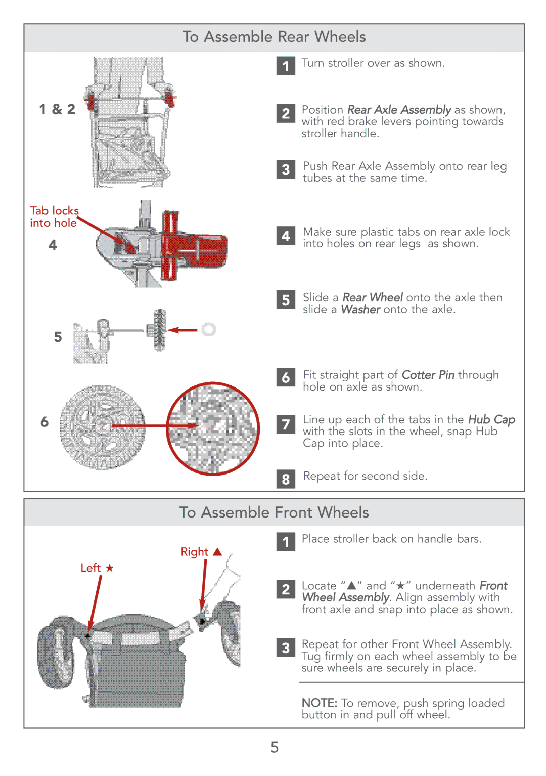 Kolcraft S67-T instruction sheet To Assemble Rear Wheels, To Assemble Front Wheels, Tab locks into hole, Right, Left 