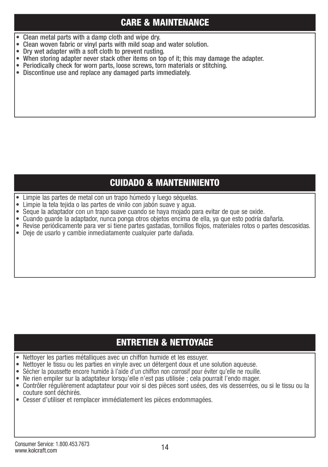 Kolcraft S75-T-R1 11/10 instruction sheet Care & Maintenance, Cuidado & Manteniniento, Entretien & Nettoyage 