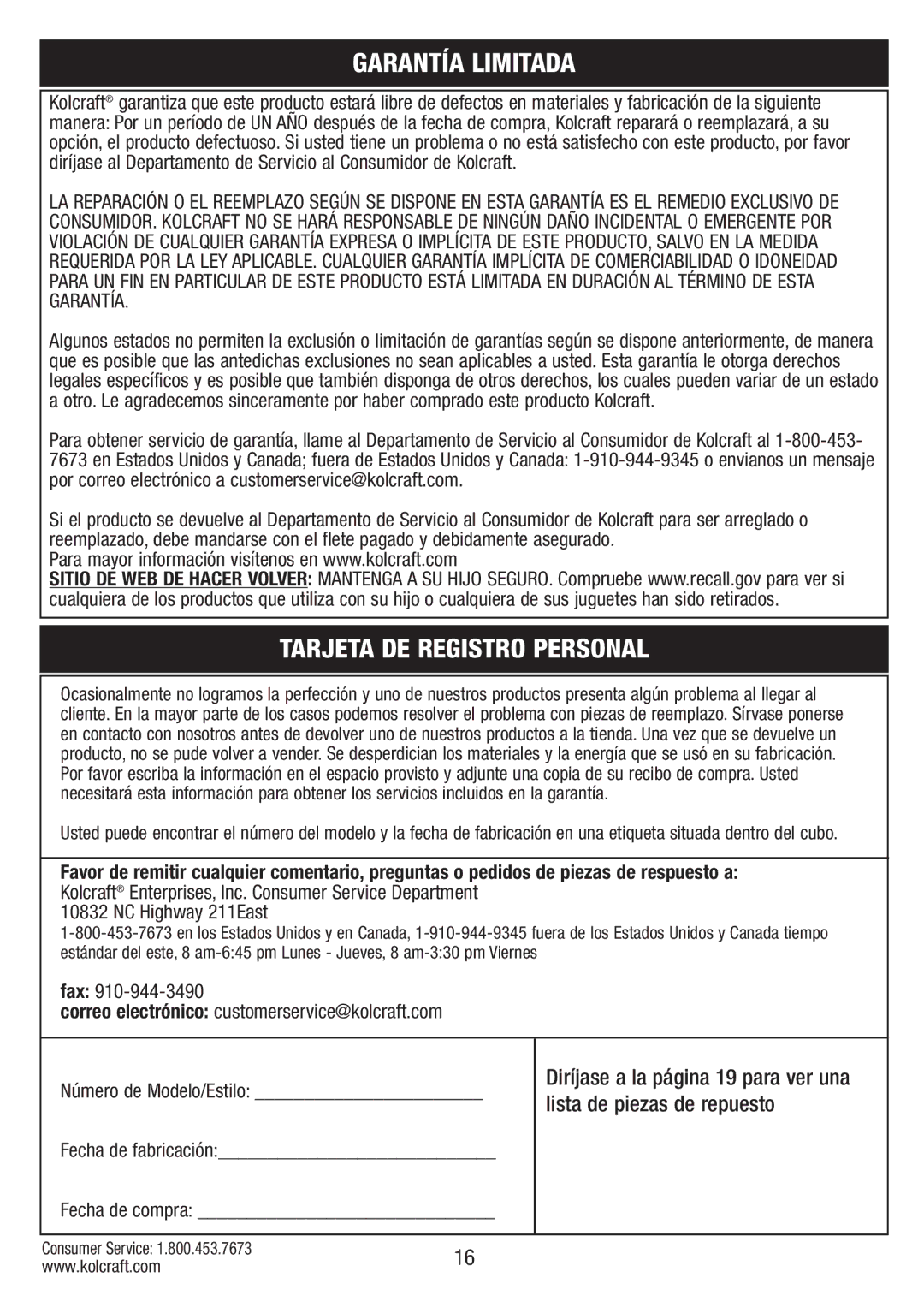 Kolcraft S75-T-R1 11/10 instruction sheet Garantía Limitada, Tarjeta DE Registro Personal 