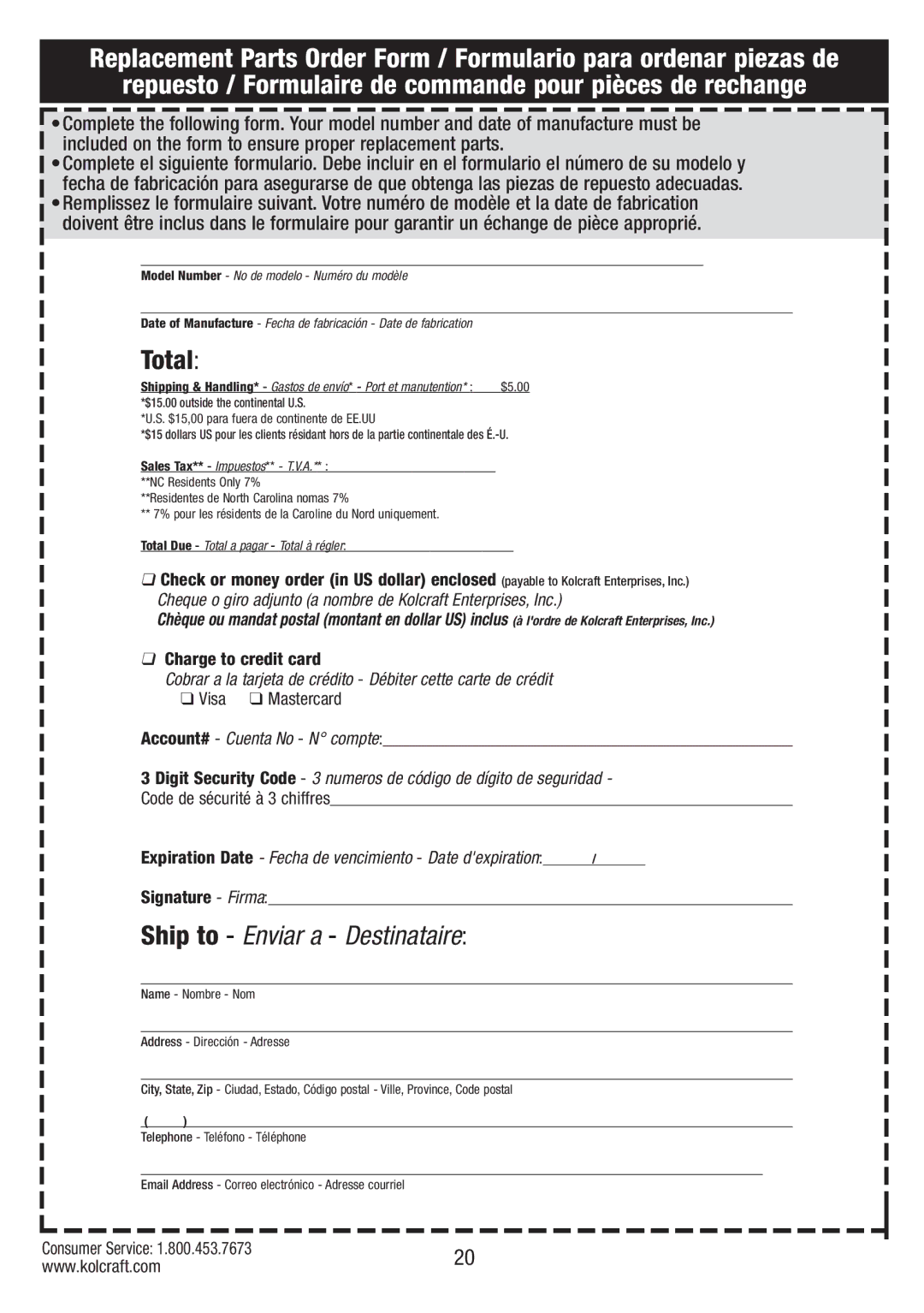 Kolcraft S75-T-R1 11/10 instruction sheet Ship to Enviar a Destinataire 