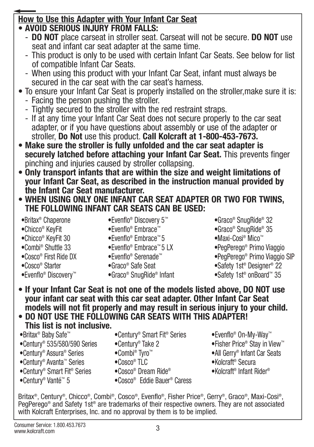 Kolcraft S75-T-R1 11/10 instruction sheet How to Use this Adapter with Your Infant Car Seat, This list is not inclusive 