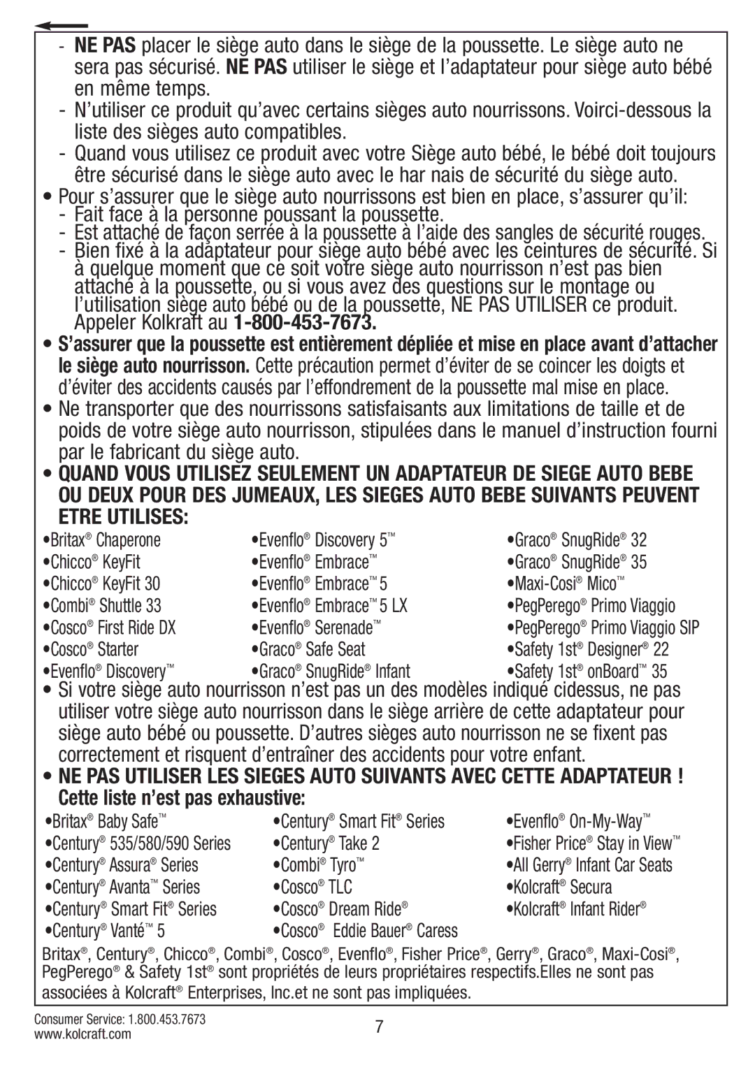 Kolcraft S75-T-R1 11/10 instruction sheet Fait face à la personne poussant la poussette 