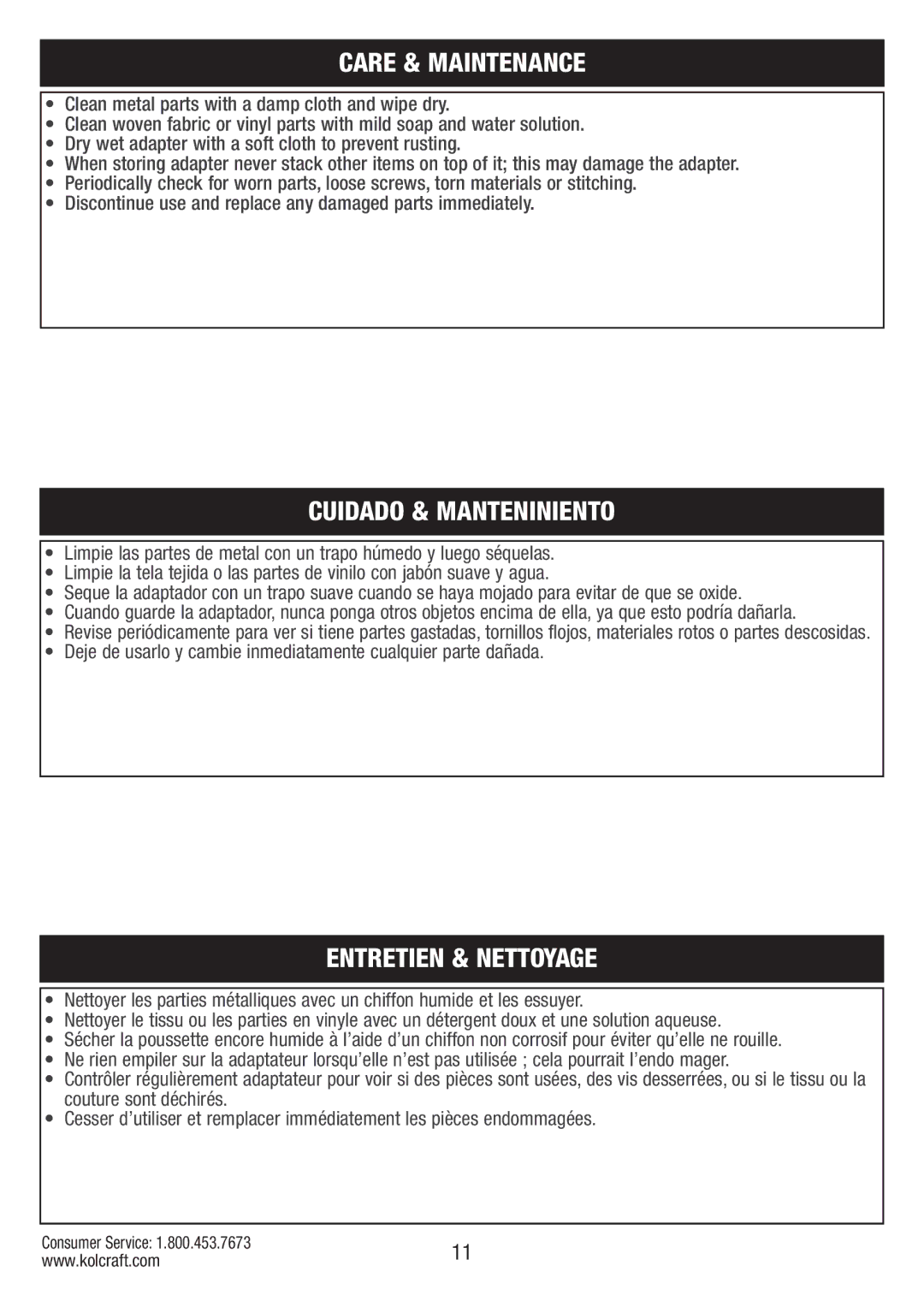 Kolcraft S75-T-R2 instruction sheet Care & Maintenance, Cuidado & Manteniniento, Entretien & Nettoyage 