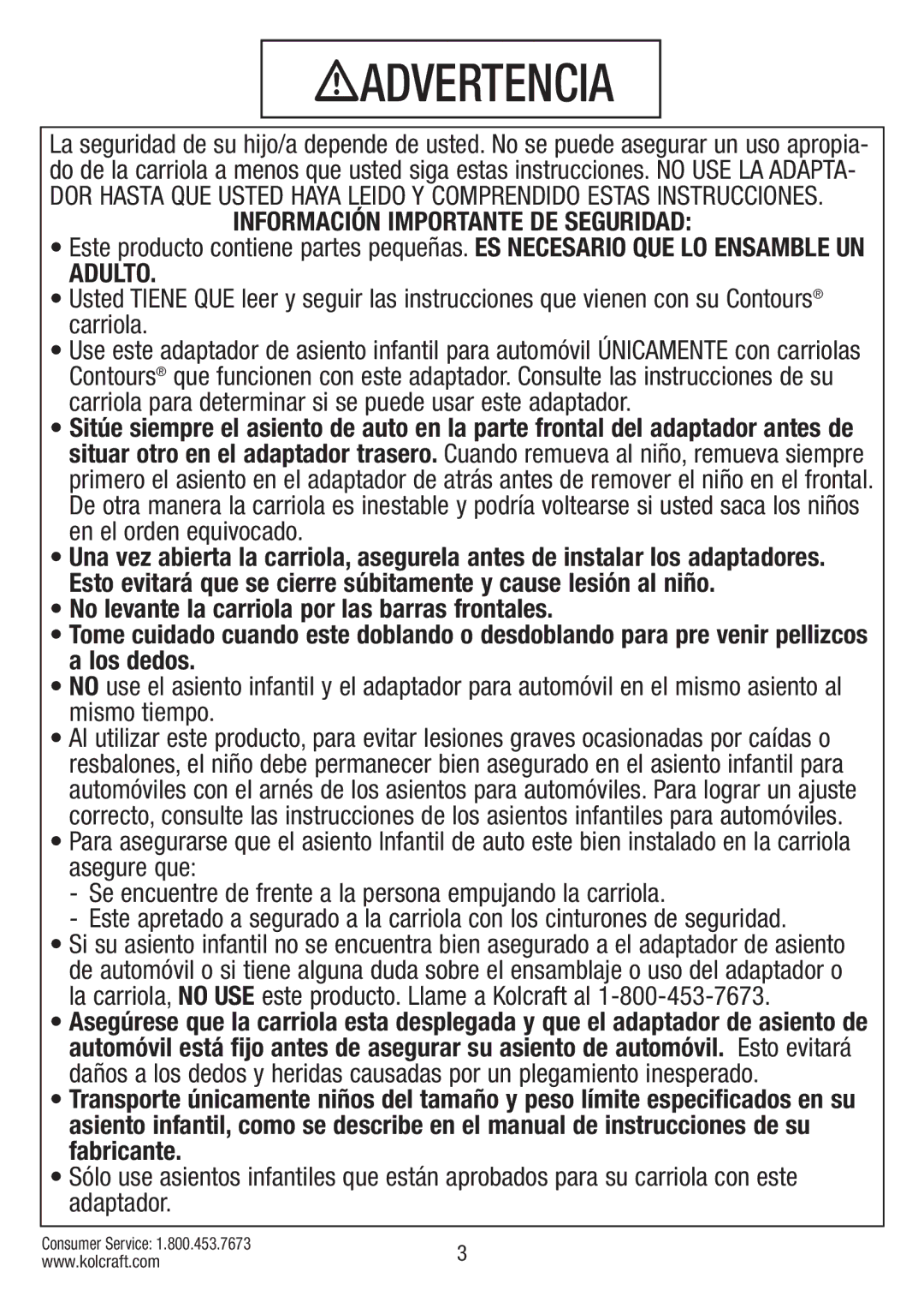 Kolcraft S75-T-R2 instruction sheet Advertencia 