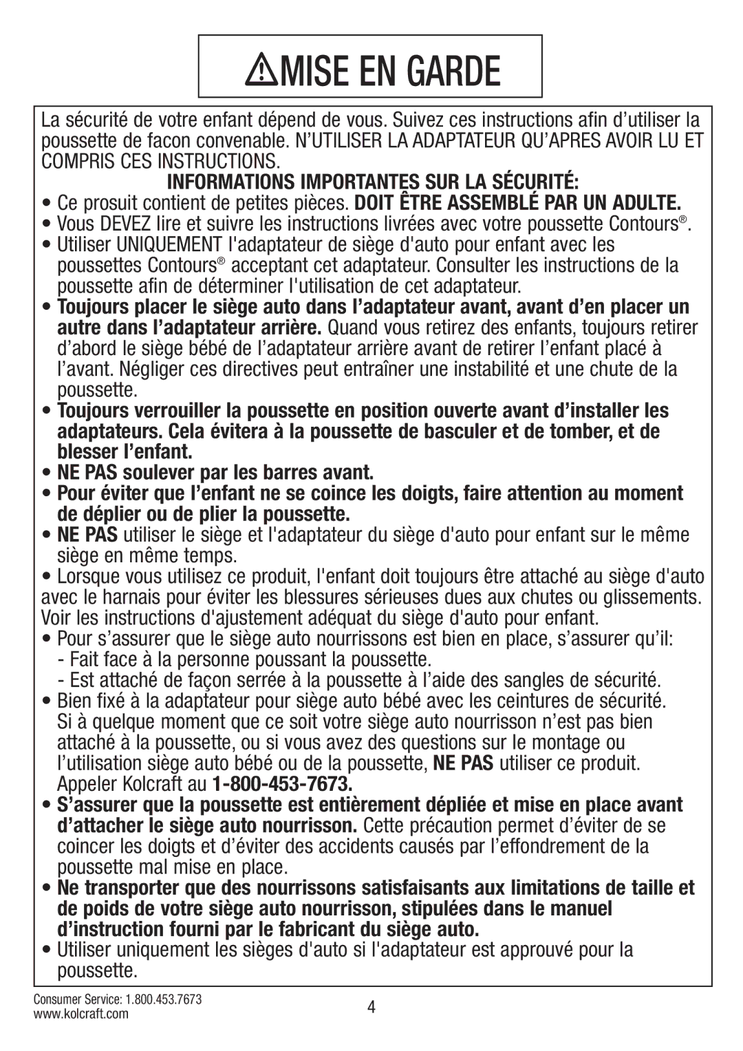 Kolcraft S75-T-R2 instruction sheet Mise EN Garde 