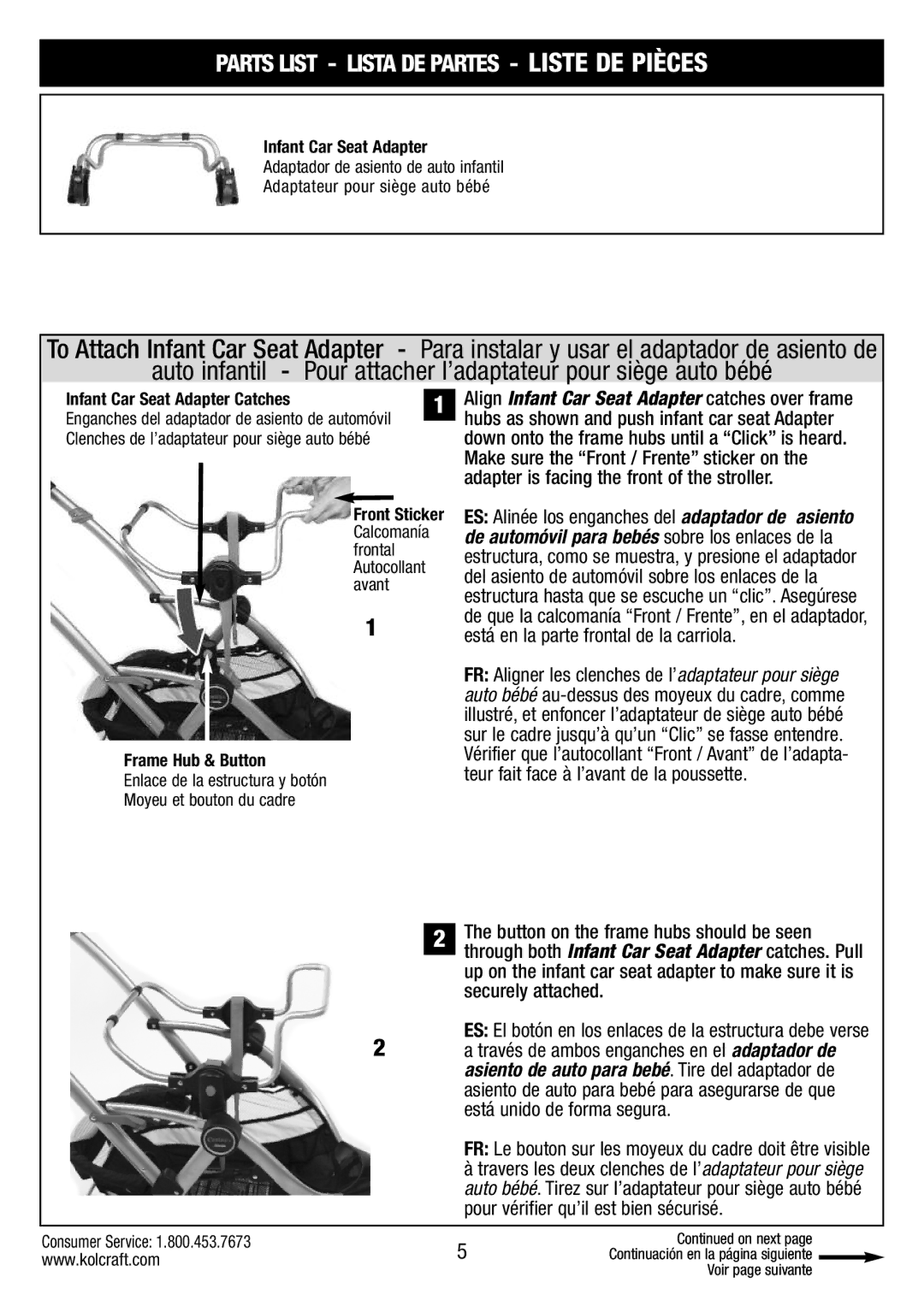 Kolcraft S75-T-R2 instruction sheet Partslist Listade PARTES- Liste DE Pièces 