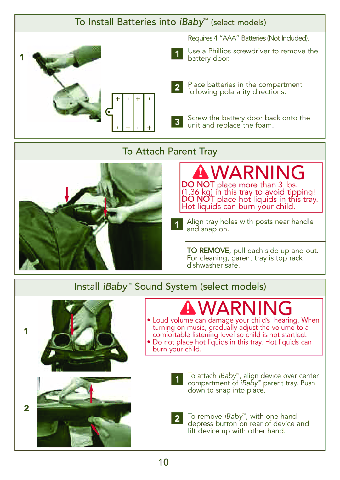 Kolcraft S77-T-R3 instruction sheet To Install Batteries into iBaby select models, To Attach Parent Tray 