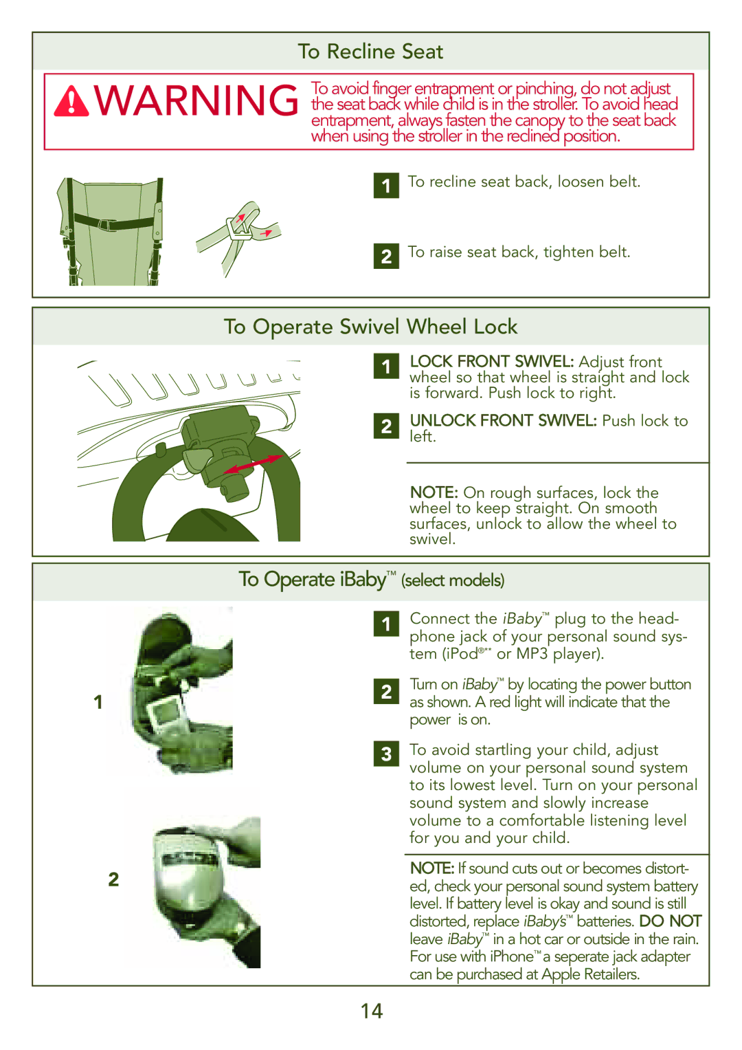 Kolcraft S77-T-R3 instruction sheet To Recline Seat, To Operate Swivel Wheel Lock, To Operate iBaby select models 