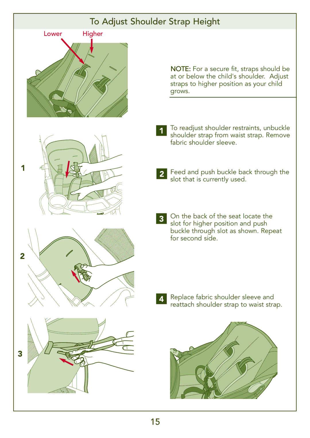 Kolcraft S77-T-R3 instruction sheet To Adjust Shoulder Strap Height, Lower Higher 