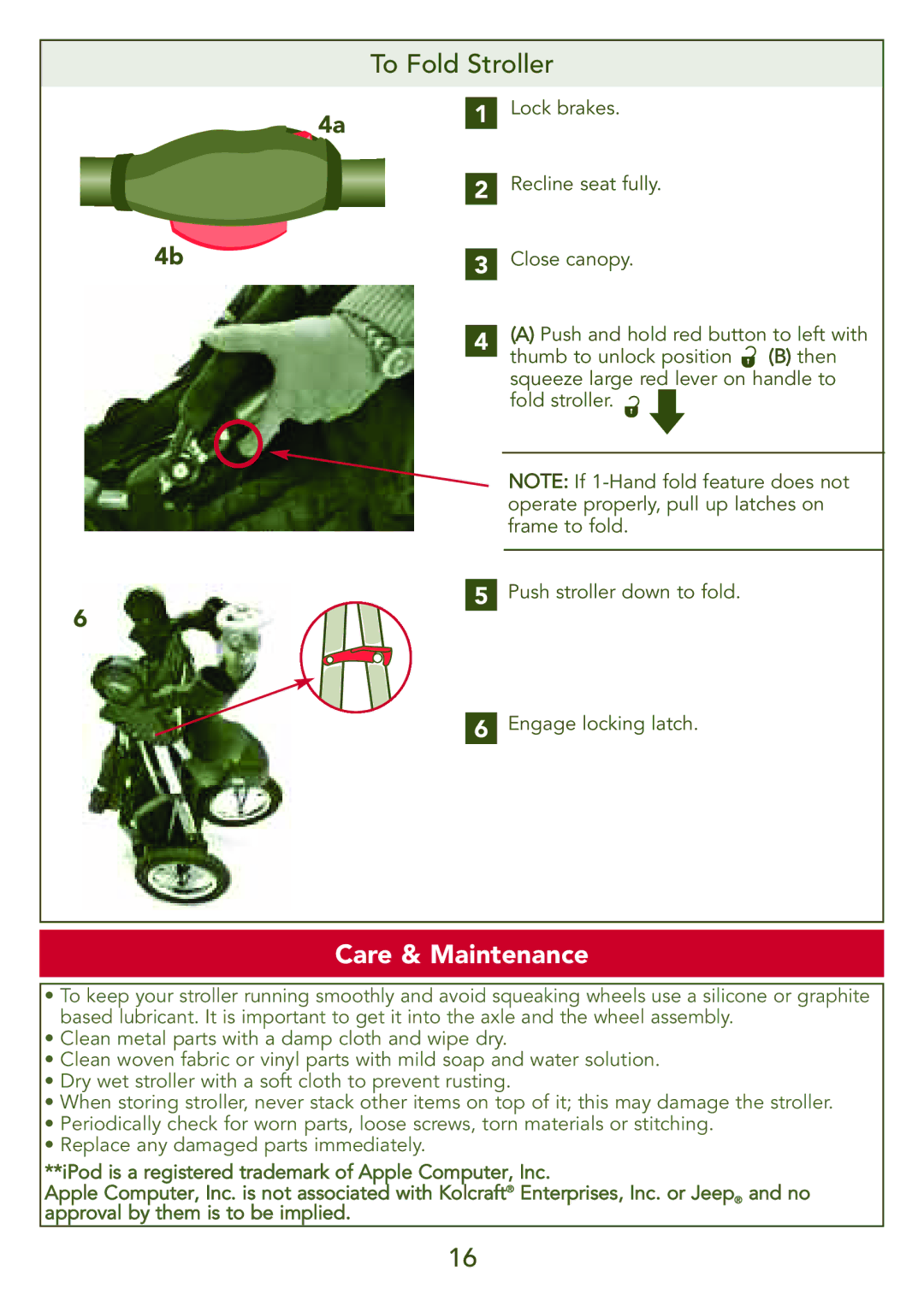 Kolcraft S77-T-R3 instruction sheet To Fold Stroller, Care & Maintenance 