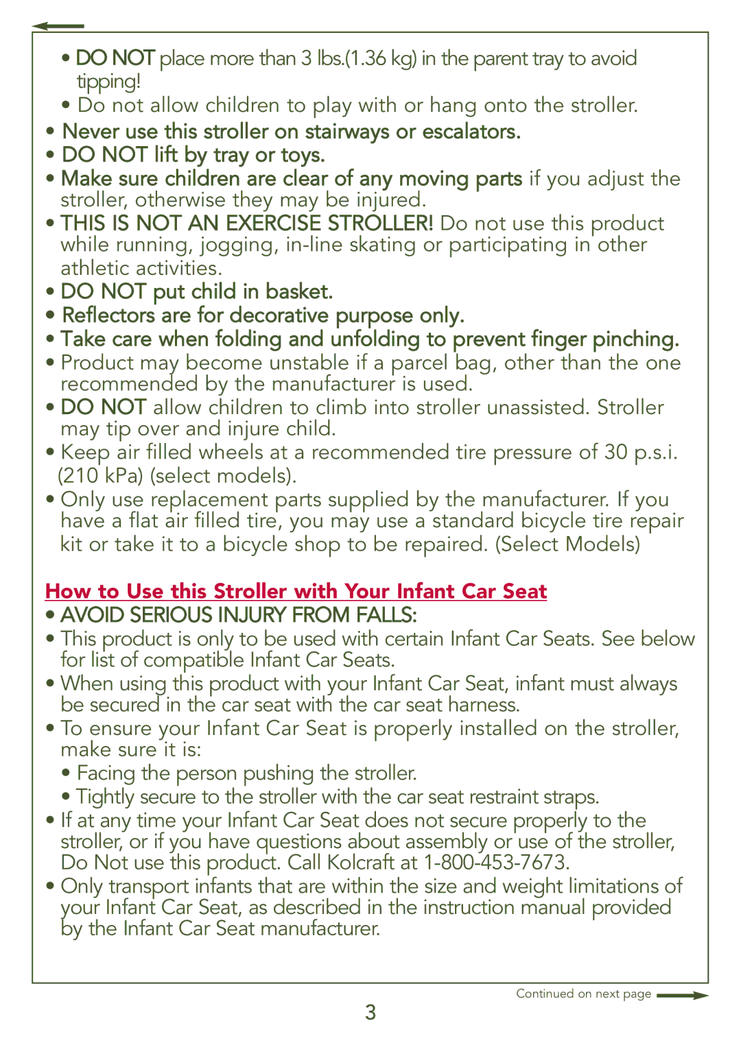 Kolcraft S77-T-R3 instruction sheet How to Use this Stroller with Your Infant Car Seat 