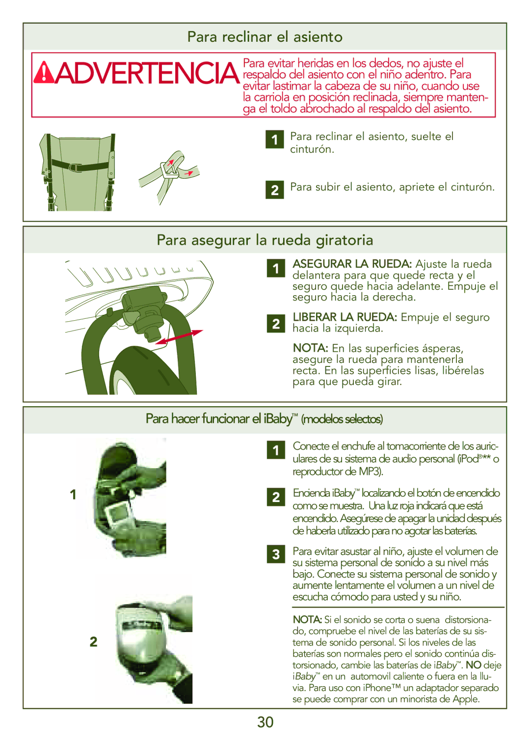 Kolcraft S77-T-R3 instruction sheet Para reclinar el asiento, Para asegurar la rueda giratoria 