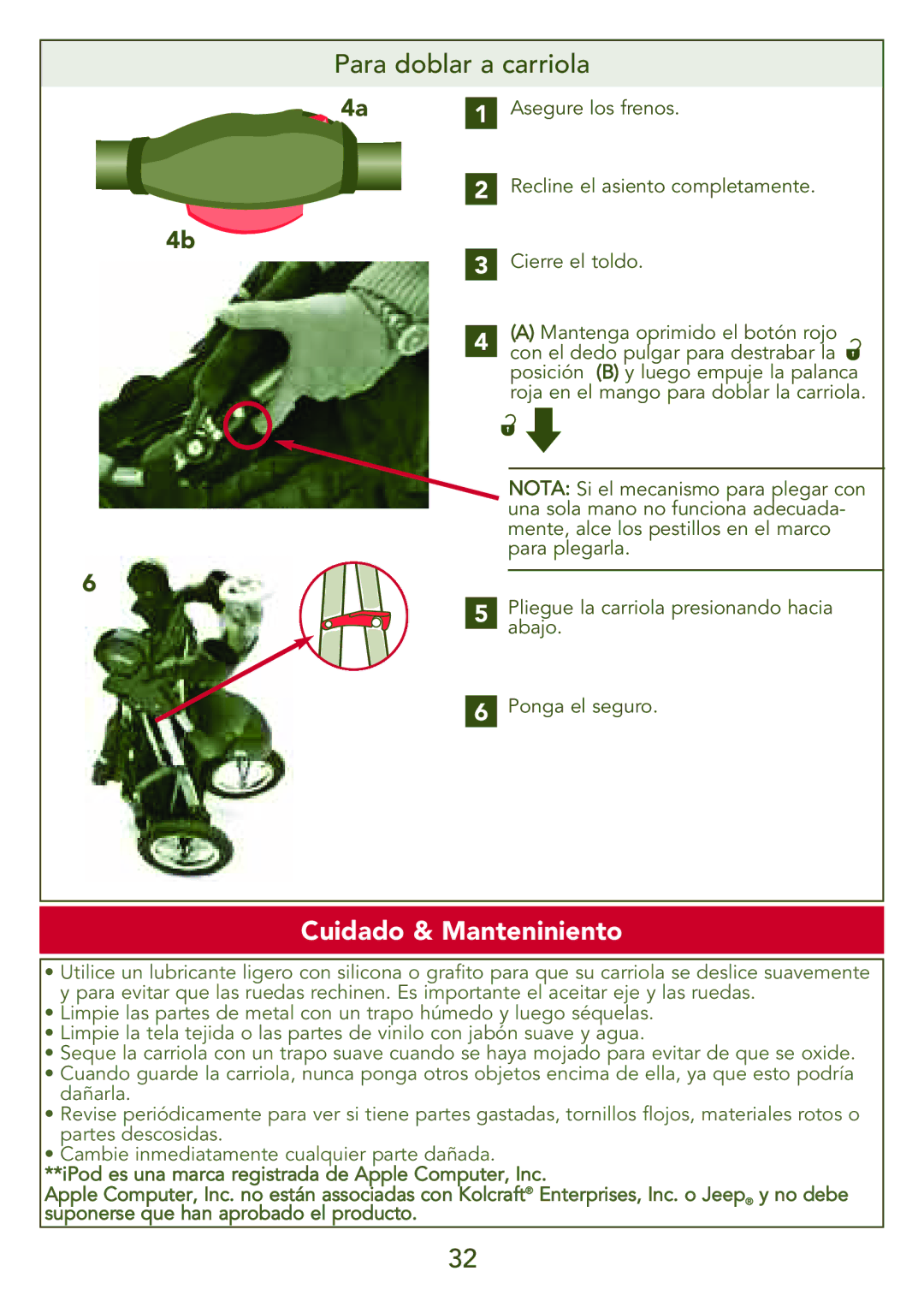 Kolcraft S77-T-R3 instruction sheet Para doblar a carriola, Cuidado & Manteniniento 