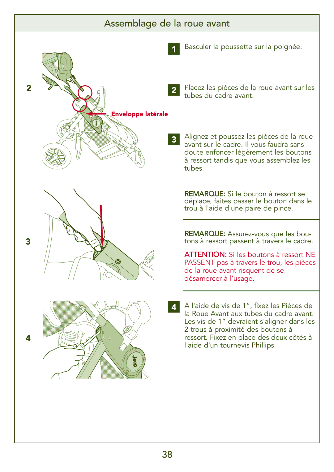 Kolcraft S77-T-R3 instruction sheet Assemblage de la roue avant, De la roue avant risquent de se, Désamorcer à lusage 