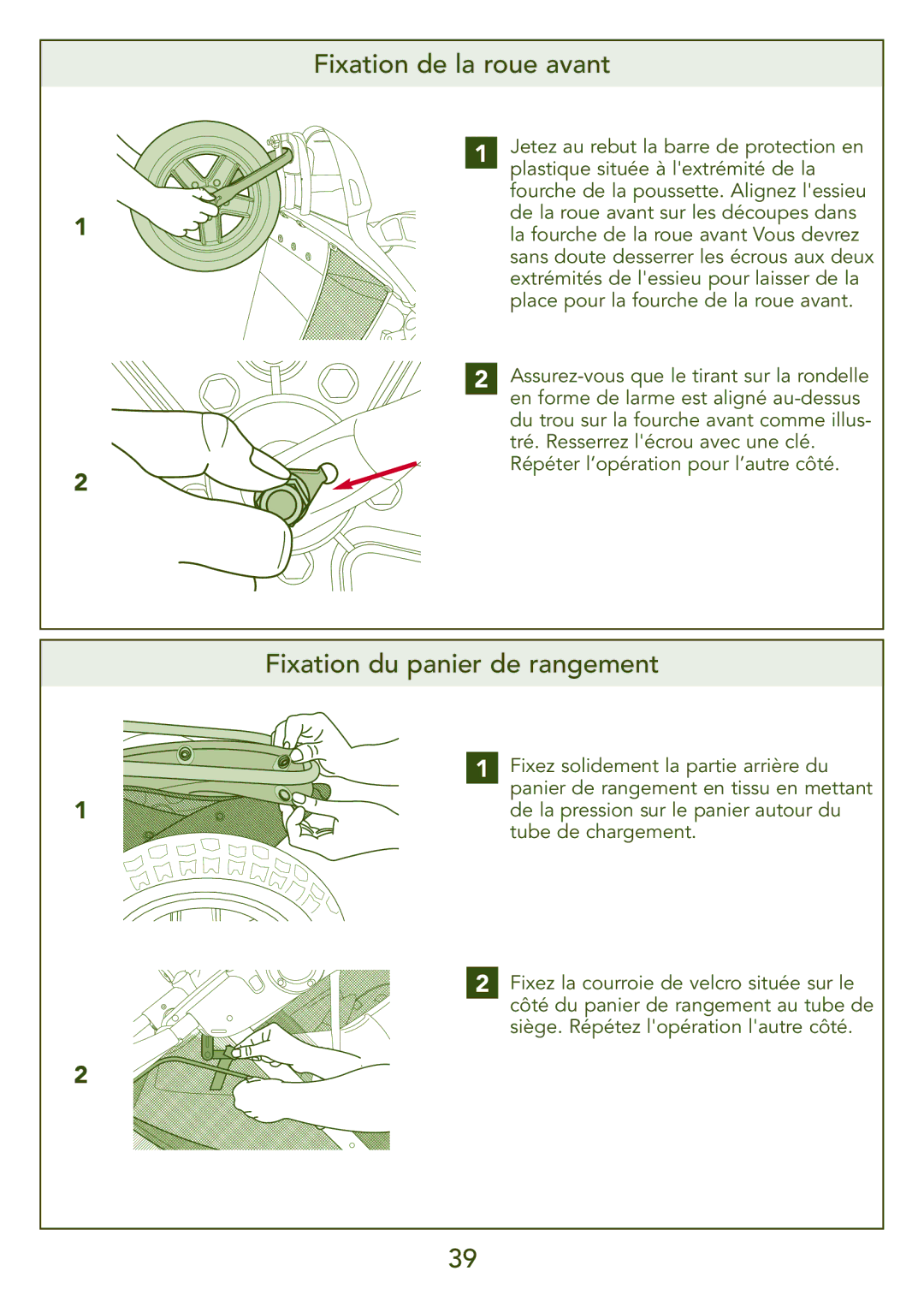 Kolcraft S77-T-R3 instruction sheet Fixation de la roue avant, Fixation du panier de rangement 