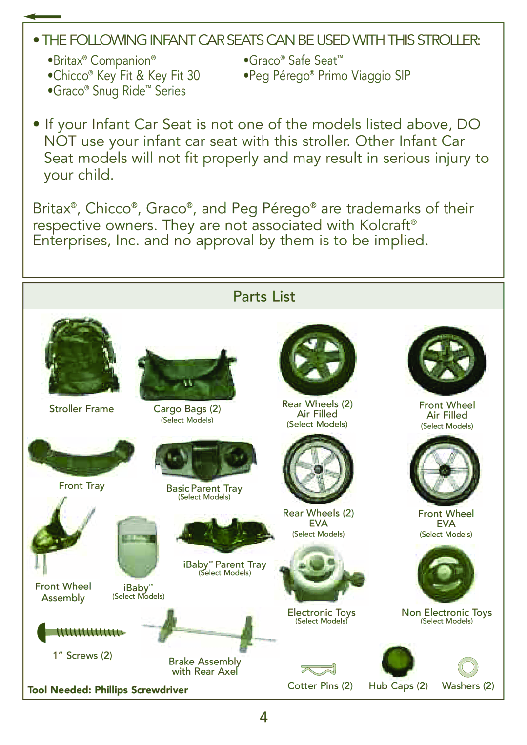 Kolcraft S77-T-R3 instruction sheet Following Infant CAR Seats can Beused Withthisstroller, Peg Pérego Primo Viaggio SIP 