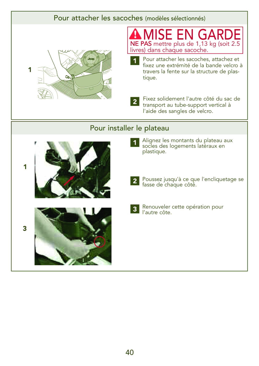 Kolcraft S77-T-R3 instruction sheet Pour attacher les sacoches modèles sélectionnés, Pour installer le plateau 