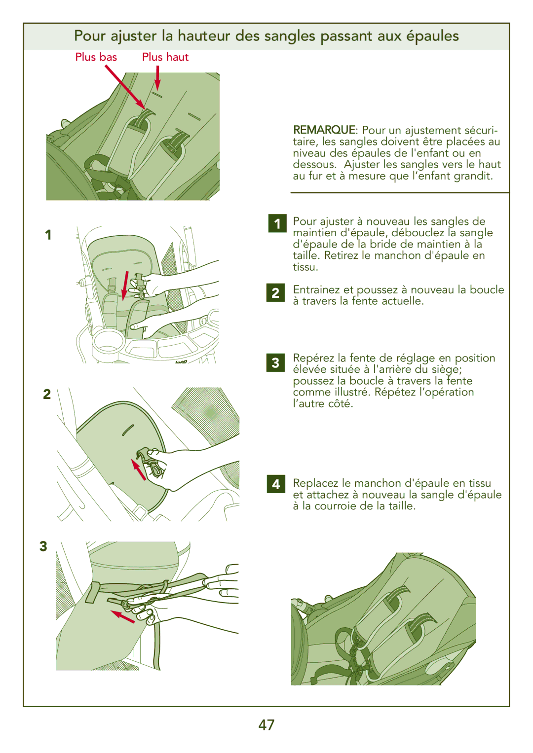 Kolcraft S77-T-R3 instruction sheet Pour ajuster la hauteur des sangles passant aux épaules, Plus bas Plus haut 