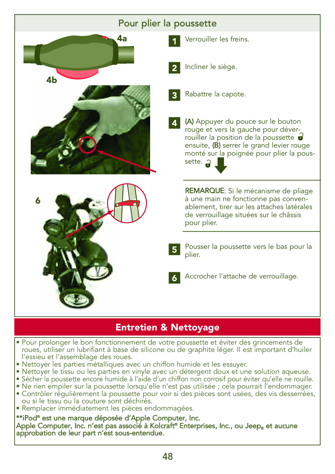 Kolcraft S77-T-R3 instruction sheet Pour plier la poussette, Entretien & Nettoyage 