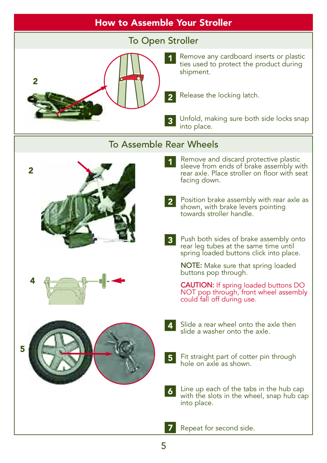 Kolcraft S77-T-R3 instruction sheet How to Assemble Your Stroller, To Open Stroller, To Assemble Rear Wheels 