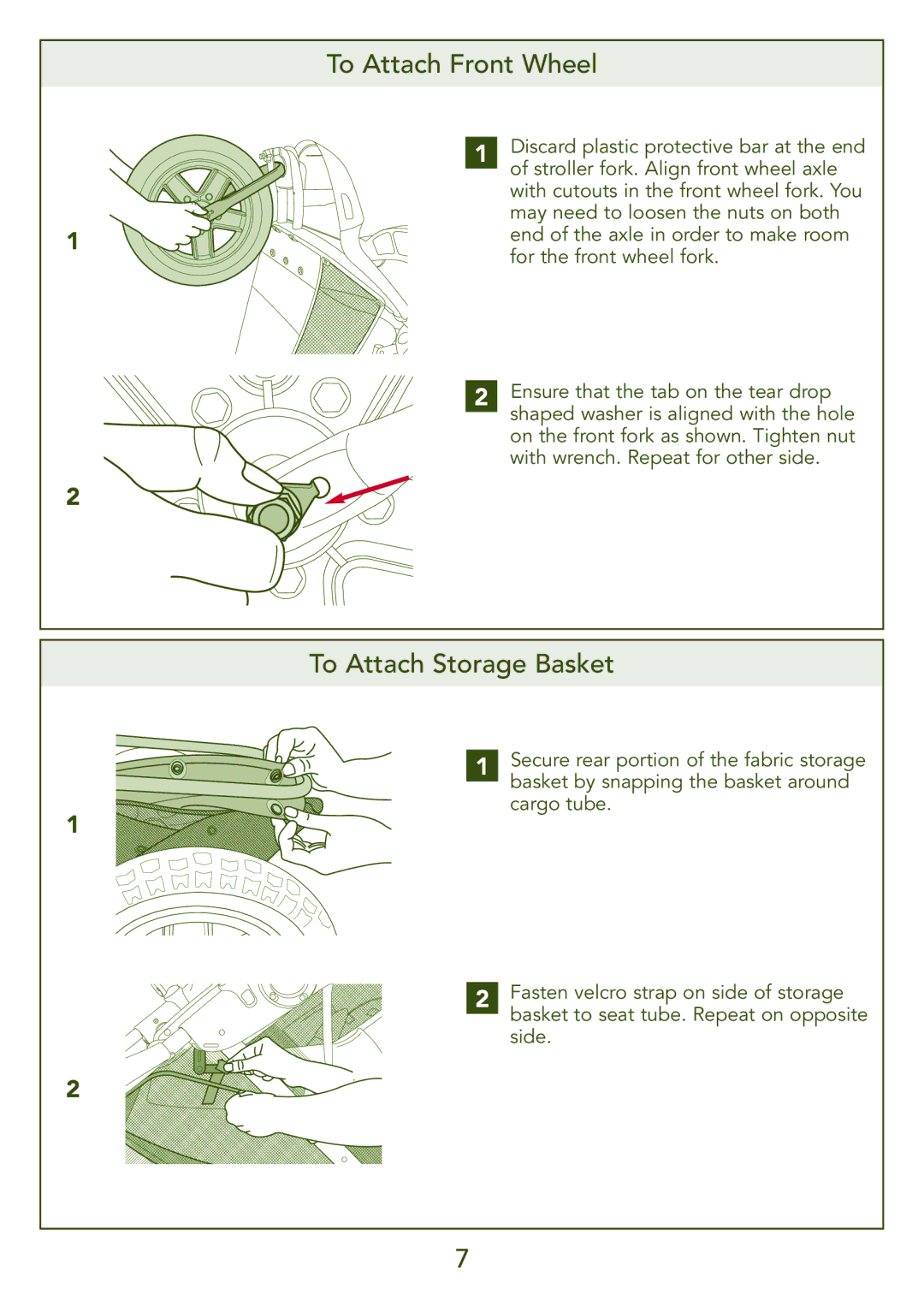 Kolcraft S77-T-R3 instruction sheet To Attach Front Wheel, To Attach Storage Basket 